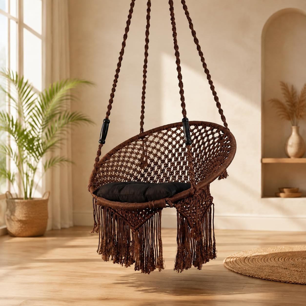Juljulia Swing for Balcony - Premium Jhula for Adults for Home, Safe Jhula for Kids, Indoor Balcony Hanging Chair, Durable & Comfortable Design, Easy Installation & Maintenance - ROUND-SWING-09-BROWN-image-30