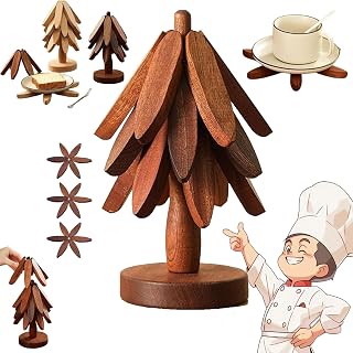 Tree Trivet Set, Christmas Tree Trivet Set, Trivets for Hot Dishes, 4 Wooden Trivets & 1 Stand Like a Christmas, for Hot Dish, Pot, Bowl, Teapot, Kitchen Dining Table Protection
