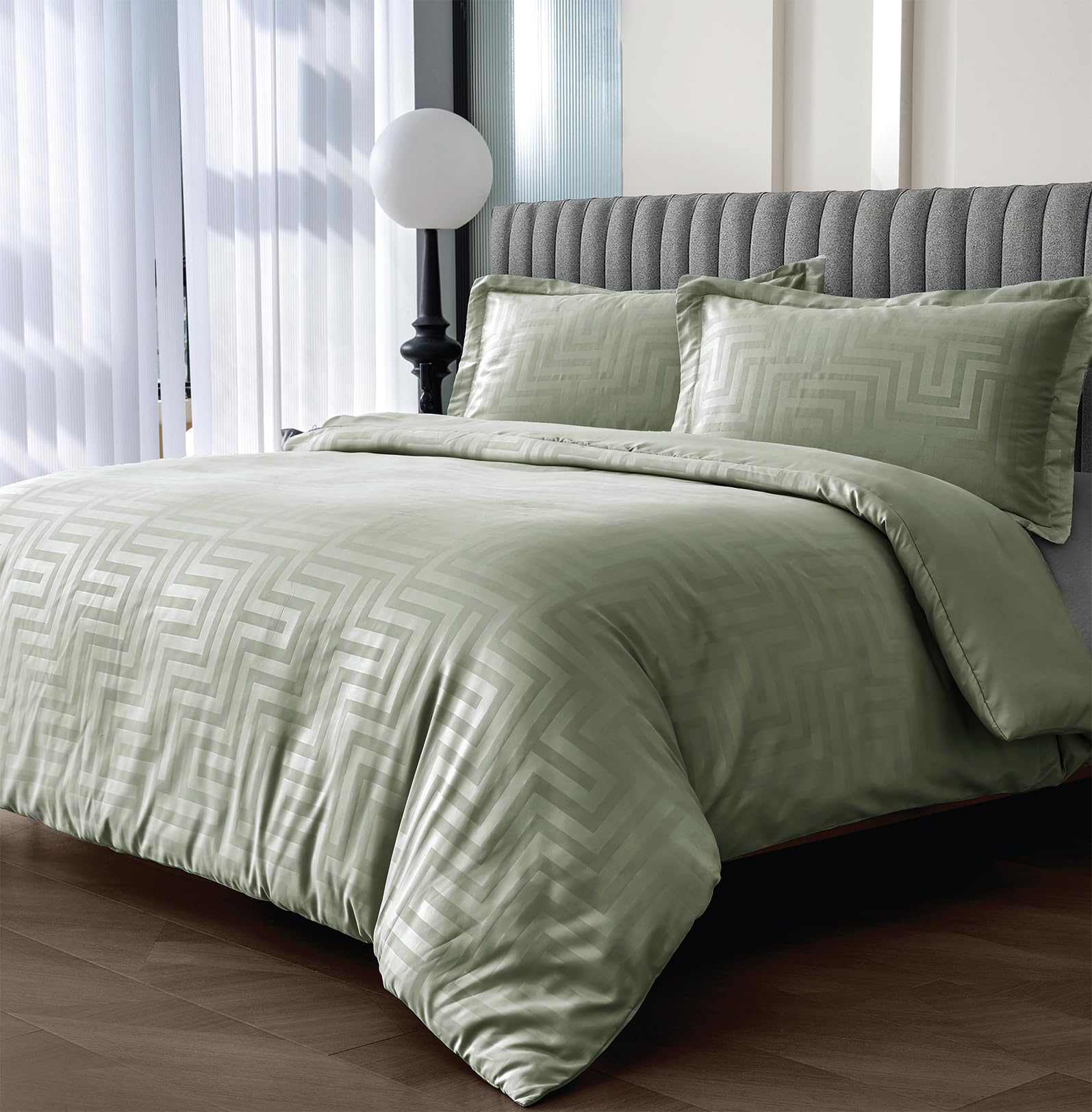 Velosso Sateen Touch Single Bed Duvet Cover Set, Greek Style Scroll Design, Hotel Quality 2 Piece Bedding Set with 1 Oxford Pillowcase, Button Closure (Sage)