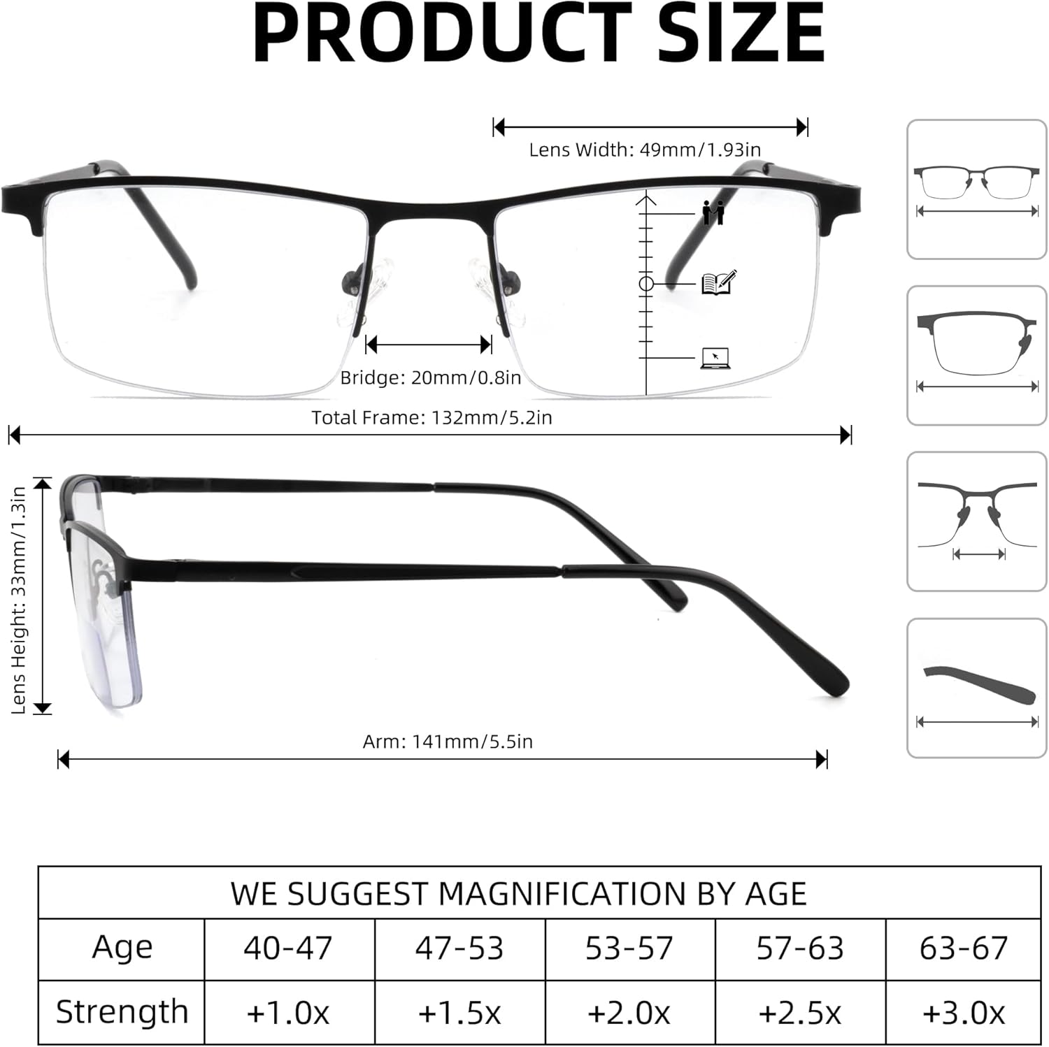 Progressive Reading Glasses for Men,Lightweight Metal Multifocus Readers,Premium Half Frame Blue Light Blocking Eyeglasses+2.00