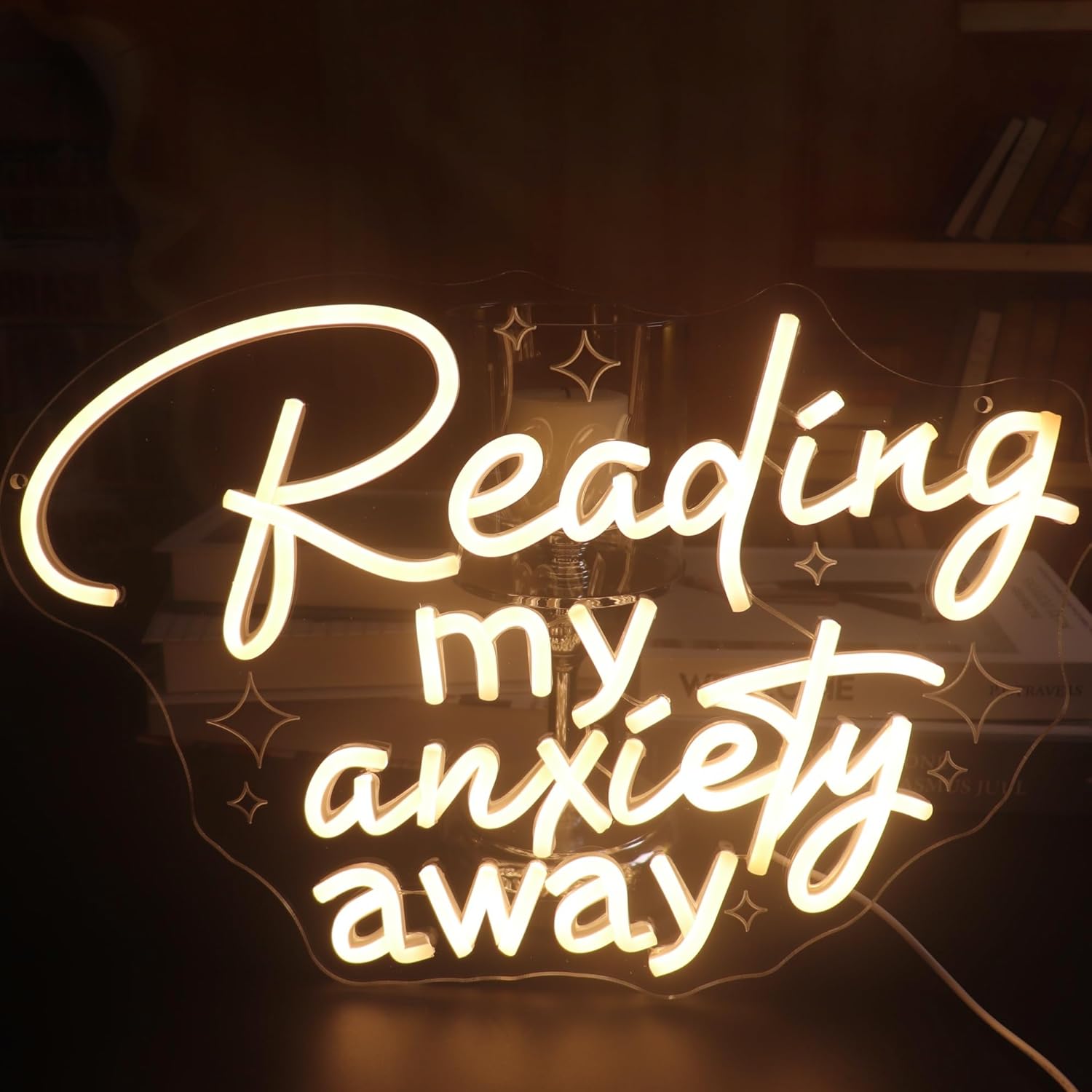 "Reading, My Anxiety Away" Book Lover's Neon Light -LED Wall Art for Cozy Reading Nook, Library, Study or Bedroom Decor, Dimmable USB with Hanging Kit, Thoughtful Gift for Bookworms & Mental Wellness
