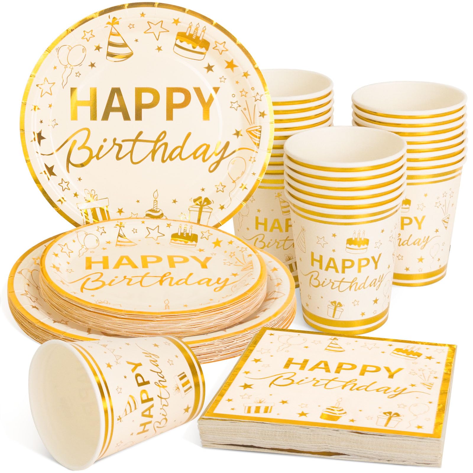 OTTPOOM 100 Pcs Gold Birthday Plates and Napkins Party Supplies with Golden Happy Birthday Party Dinnerware Set, Gold Birthday Paper Plates, Napkins