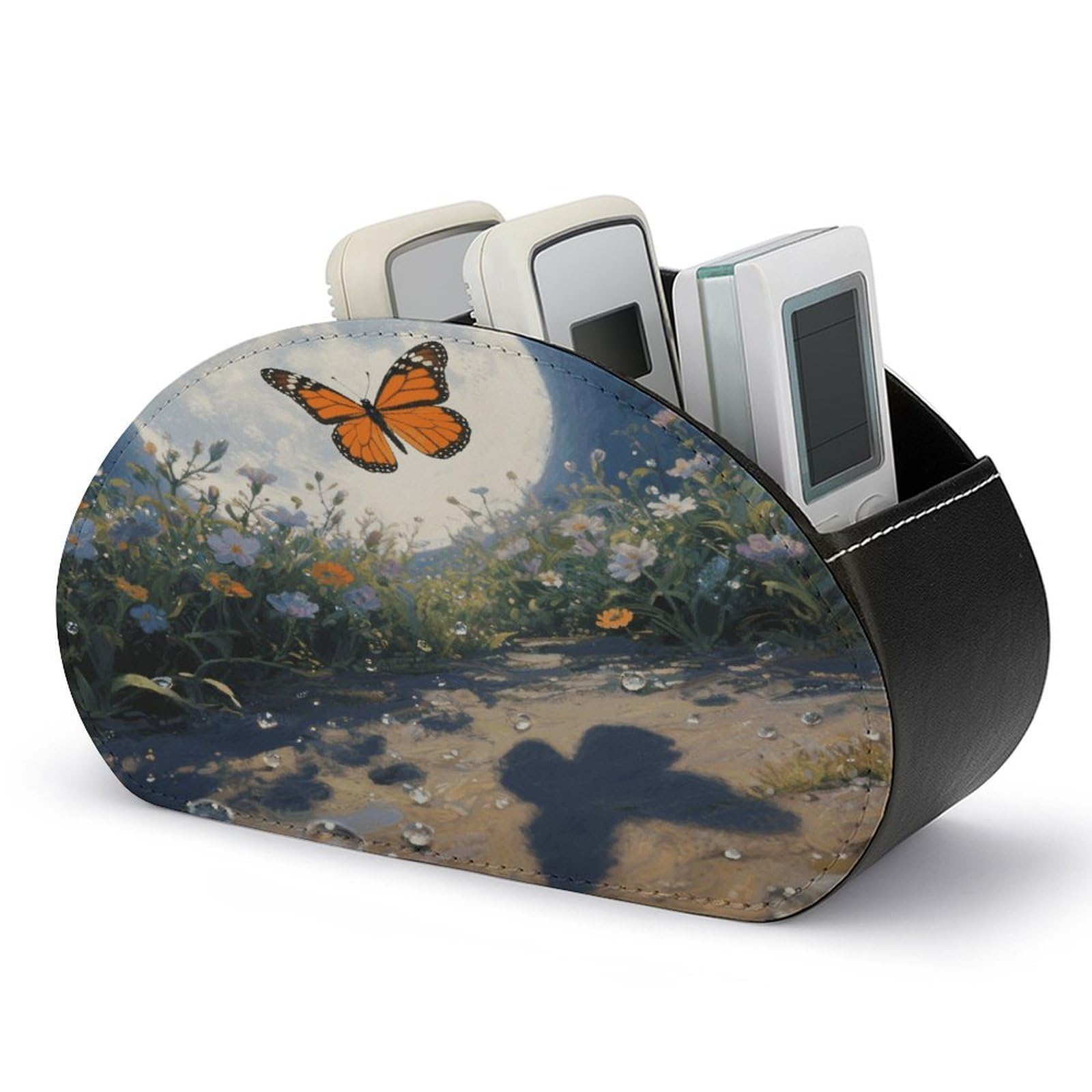 VstaDank Orange Butterfly Moon Flower Remote Control Holder with 5 Compartments PU Leather TV Remoter Caddy Desktop Organizer TV Remote Holder Remote Box for Media Controllers Office Supplies