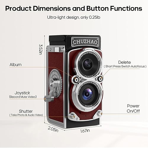 Miniatura 7 de CHUZHAO - Mini cámara digital retro estilo TLR para apuntar y disparar con enfoque automático, compacta y portátil, tarjeta de 16 GB incluida, ideal