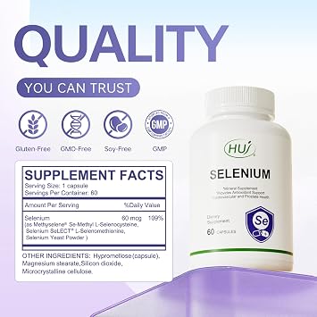 HUJ Selenium Supplement, 60 Capsules, Antioxidant Support, Mineral Supplement