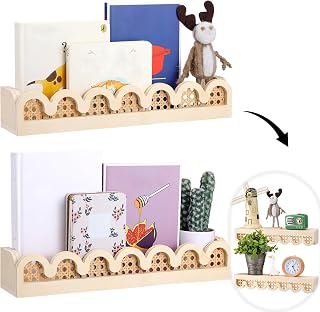 Pinkunn 2 Pcs Scalloped Rattan Wall Shelf Wood 15.75 Inch Boho Scalloped Floating Book Shelves Cute Decorative Wall Mounted Floating Shelves for Nursery Room(Wood Color)