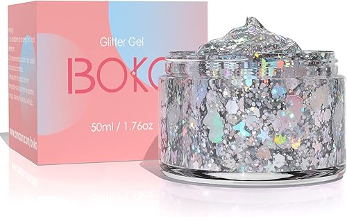 Boko Gel de purpurina corporal de 1.76 onzas, loción líquida holográfica plateada con purpurina gruesa, lentejuelas de estrella de unicornio para