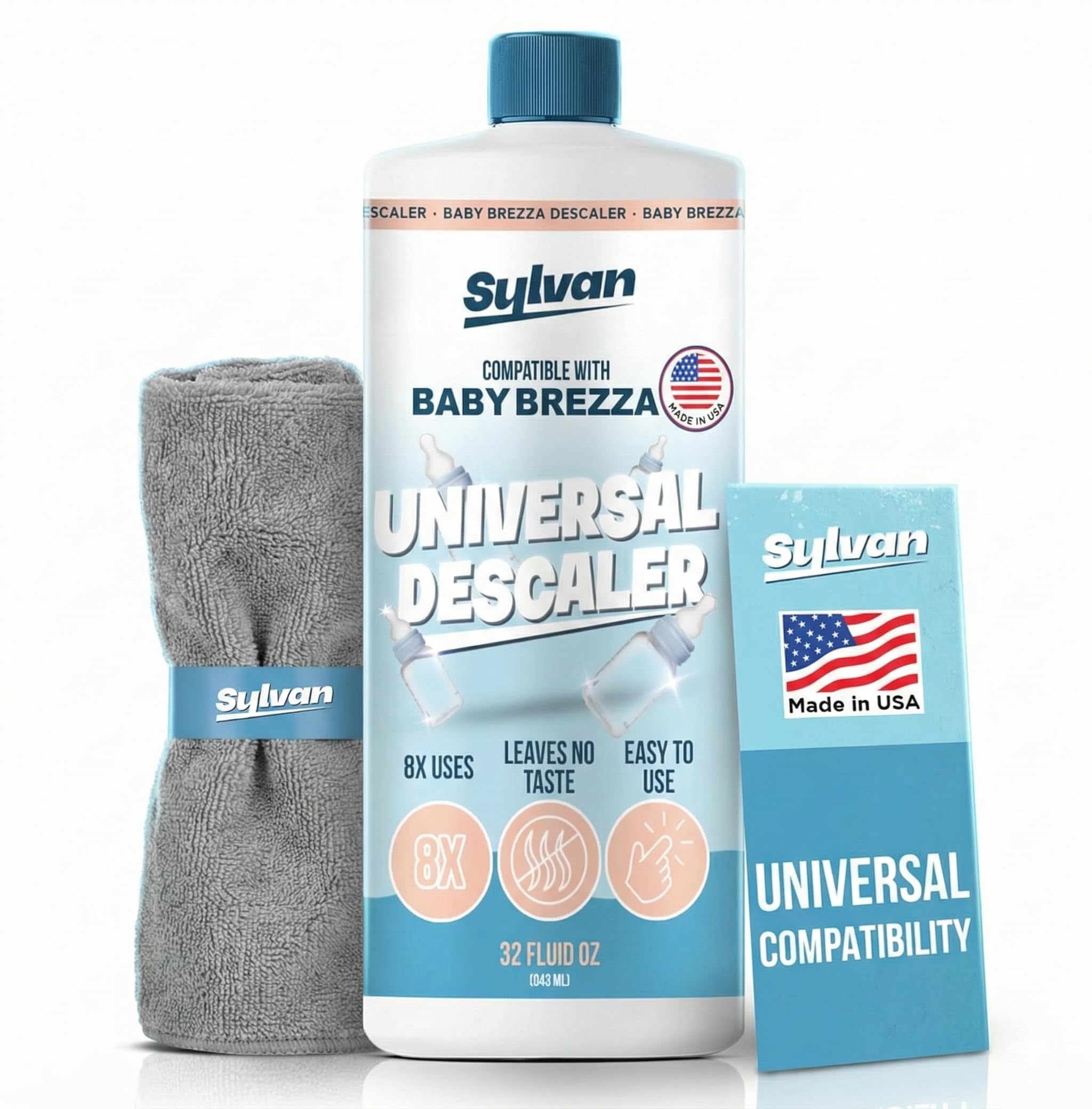 Descaler Compatible with Baby Brezza Machines | 32 Oz | 12 Month Supply | US Made | Free Cleaning Cloth | Descaling Solution Compatible with Baby Appliances | Cleans &amp; Descales