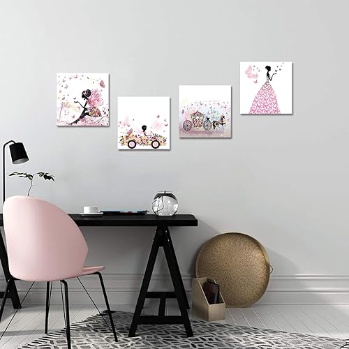 Miniatura 3 de iKNOW FOTO 4 piezas de lienzo rosa para pared, diseño de hadas y mariposas voladoras, estirado y enmarcado, listo para colgar, obras de arte giclée