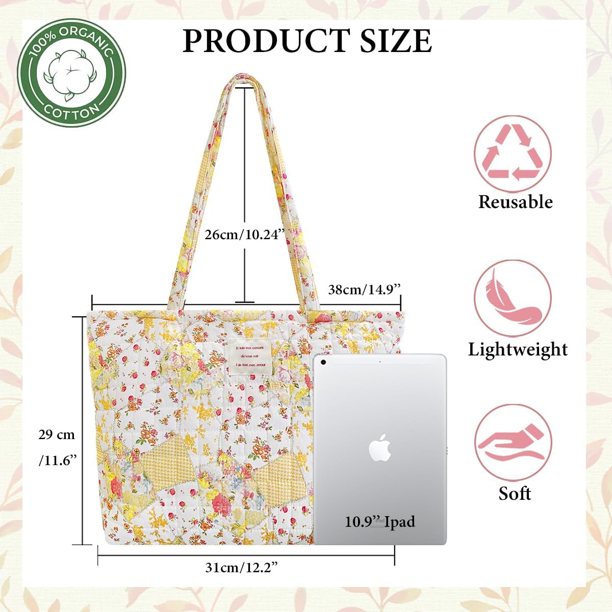 Sunwel Fashion Top Zipper Floral Quilted Bag Small Tote Bag for Women