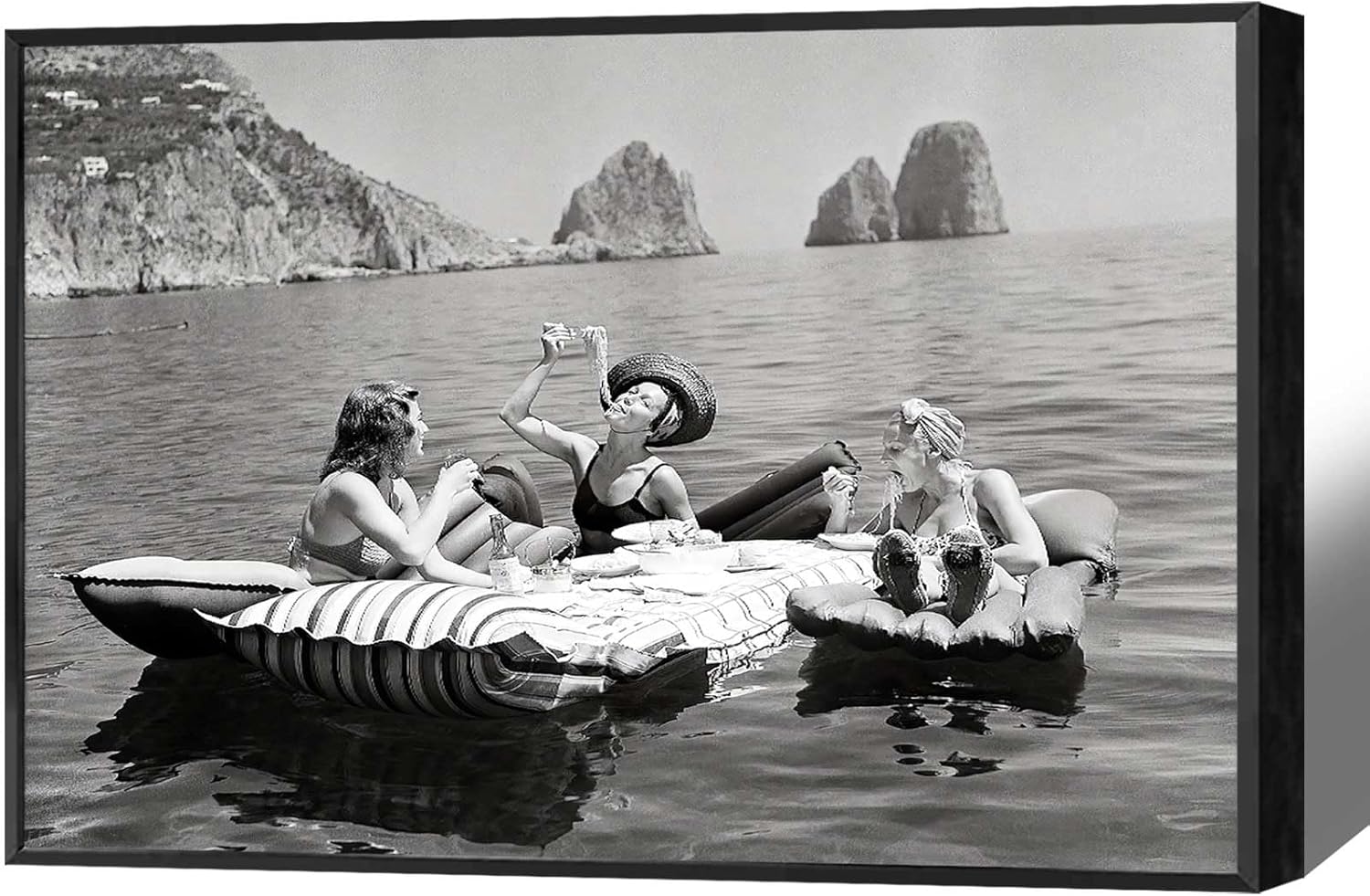 Dcvjiy Eating Spaghetti On The Water Vintage Poster Trendy Italian Capri Island Canvas Wall Art Funky Champagne Bar Cart Prints Painting For Living Room And Bedroom Party Wall Decor 16x24in Framed