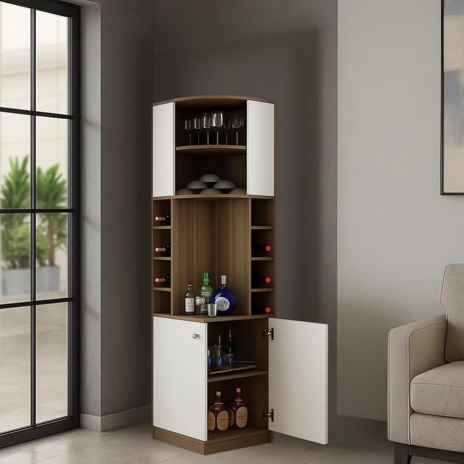 TRISULM Bar Unit | Burgh Bar Unit for Home/Bar Engineered Wood Bar Cabinet | Finish Color - Lyon Teak | White | Knock Down-image-30