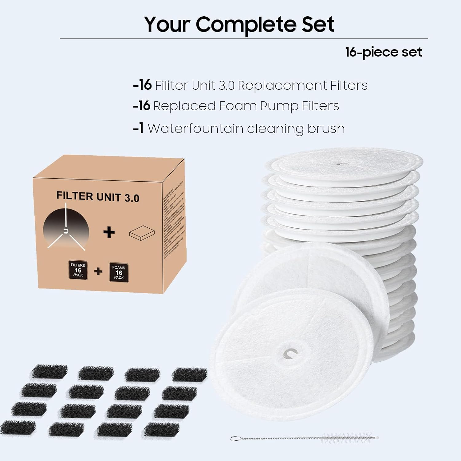 16 PCS Upgraded Filter Unit 3.0 Pet Cat Water Fountain Filters Fit For E versweet Solo 2/Solo SE, E versweet 3 Pro/2S/3, Including Replacement Filters and Replaced Foam Pump Filter (16 pcs)