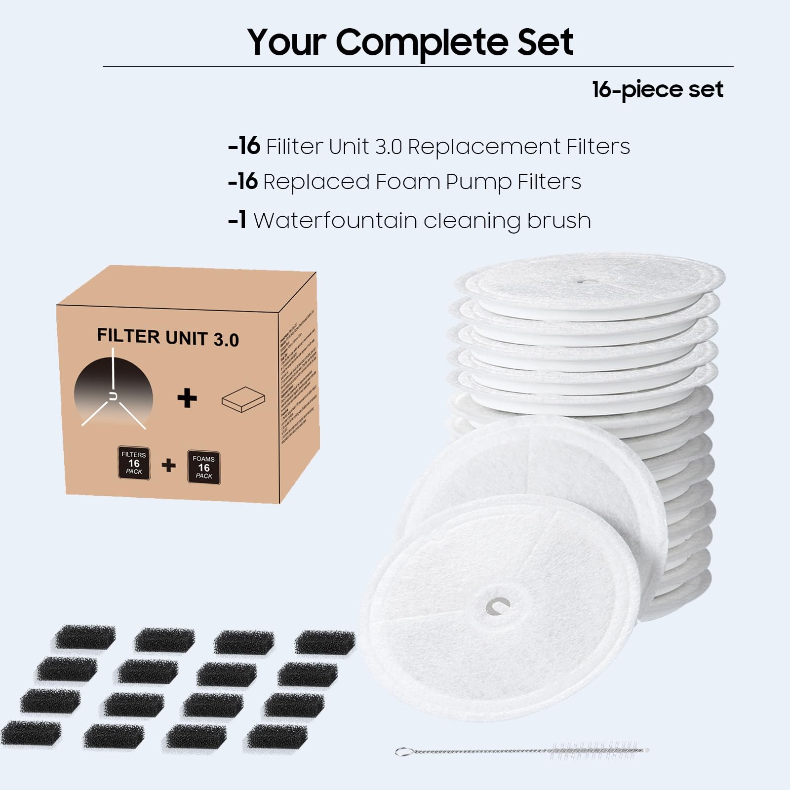 16 filtros de fuente de agua 3.0 para mascotas y gatos, aptos para E versweet Solo 2/Solo SE, E versweet 3 Pro/2S/3, incluyendo filtros de repuesto y filtro de bomba de espuma reemplazado (16 piezas)
