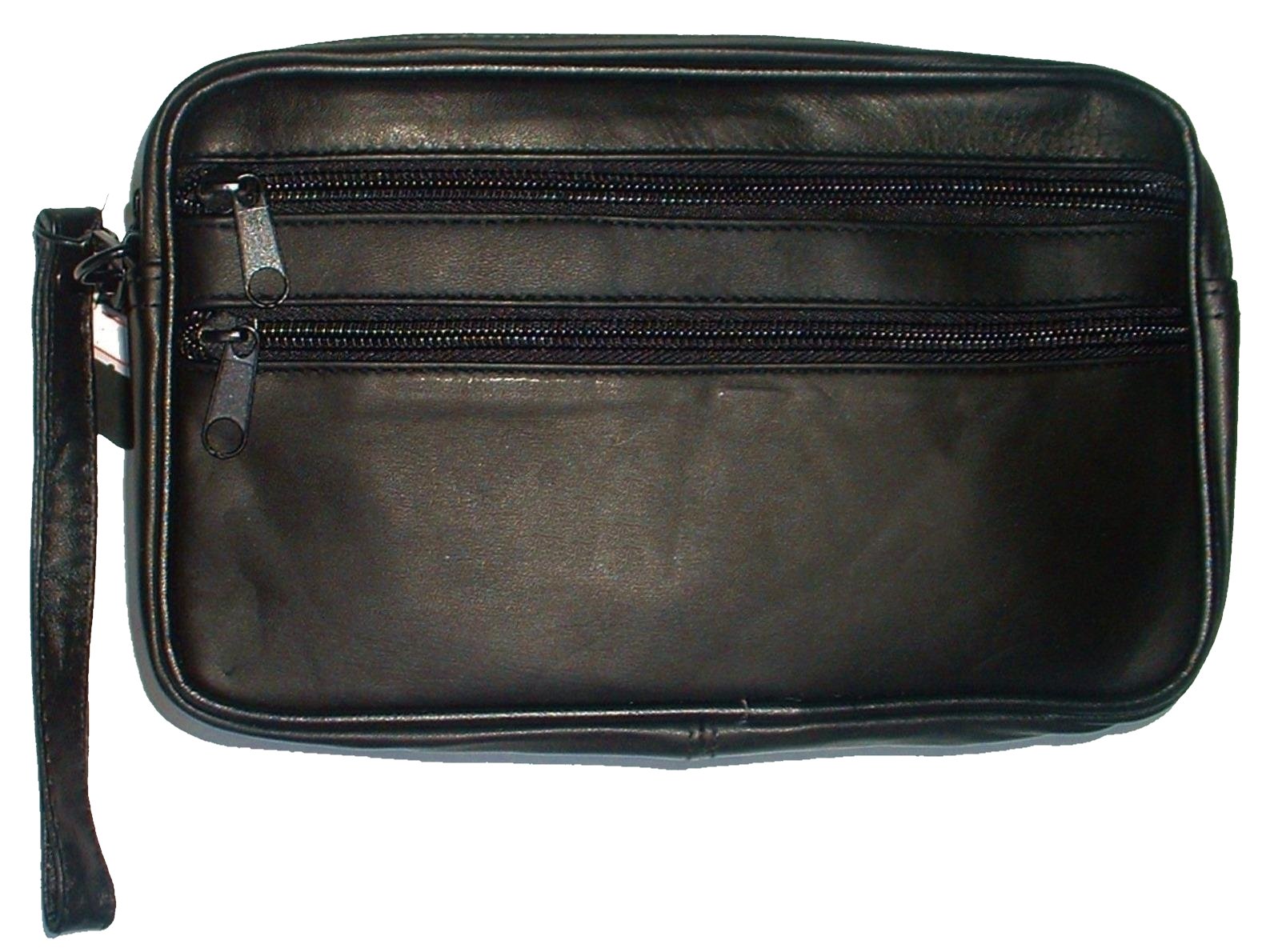 Pochette Sacoche Homme Cuir Noir Agneau Veritable 2 Zips (22x14 cm, Noir)