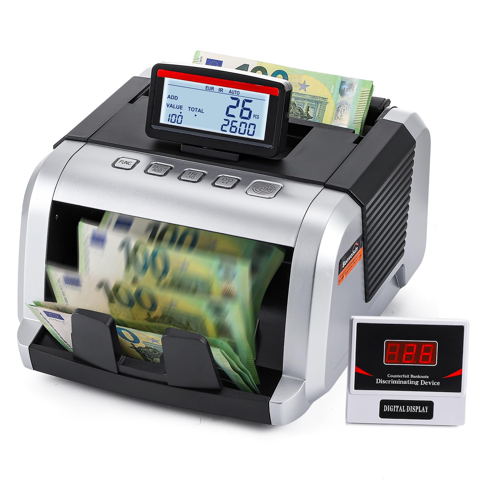 Bonvoisin Conta Banconote, Conteggio di Valore per Banconote Ordinate, Macchina Conta Soldi con Rilevamento di Contraffazione UV/MG/IR, 1000 Pezzi/Min Contabanconote con Display Pieghevole e Ruotabile