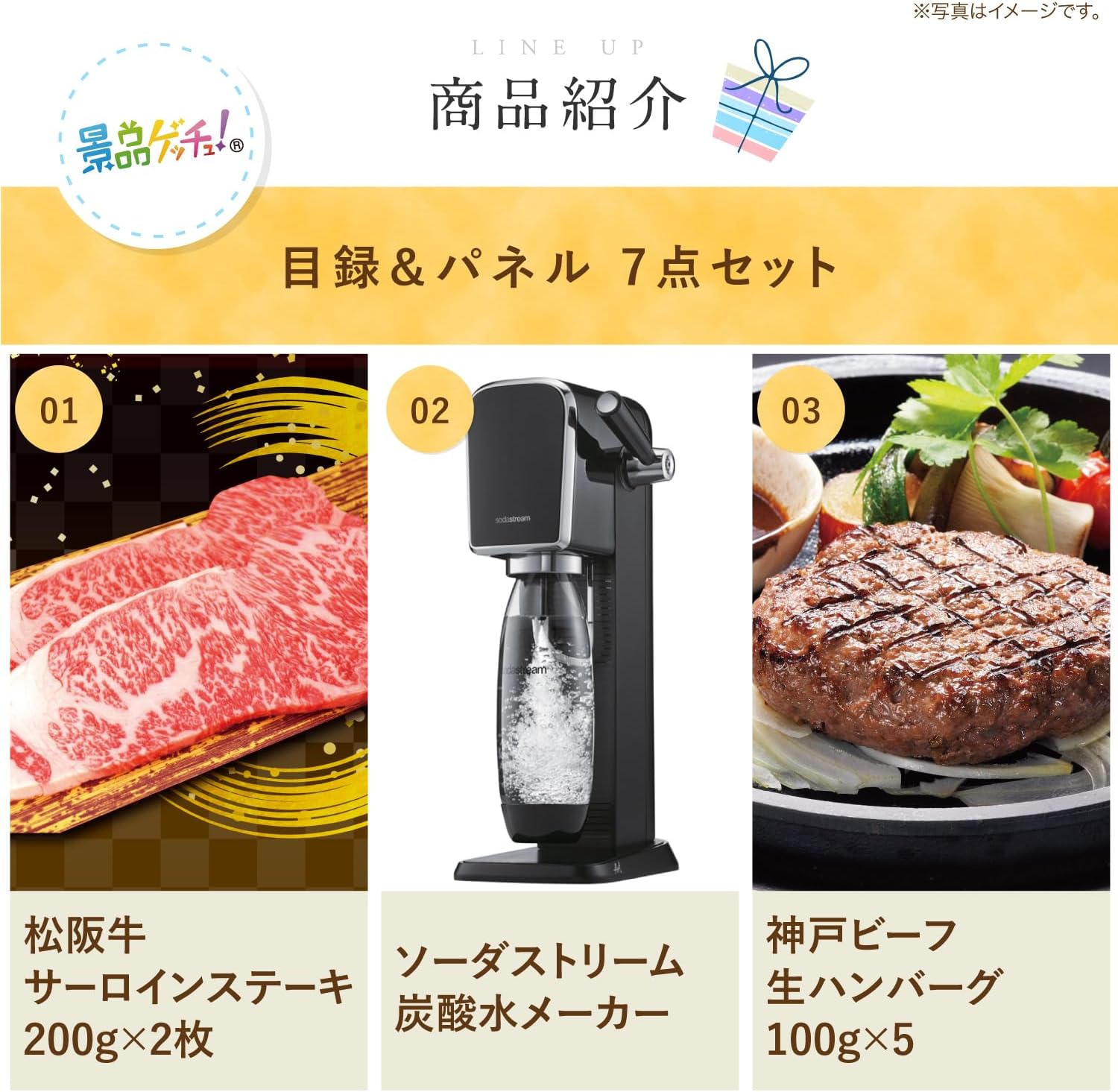 景品 セット 7点(松阪牛 サーロインステーキ/炭酸水メーカー/神戸ビーフ ハンバーグ/車海老 等)目録 パネル [ 二次会/ビンゴ