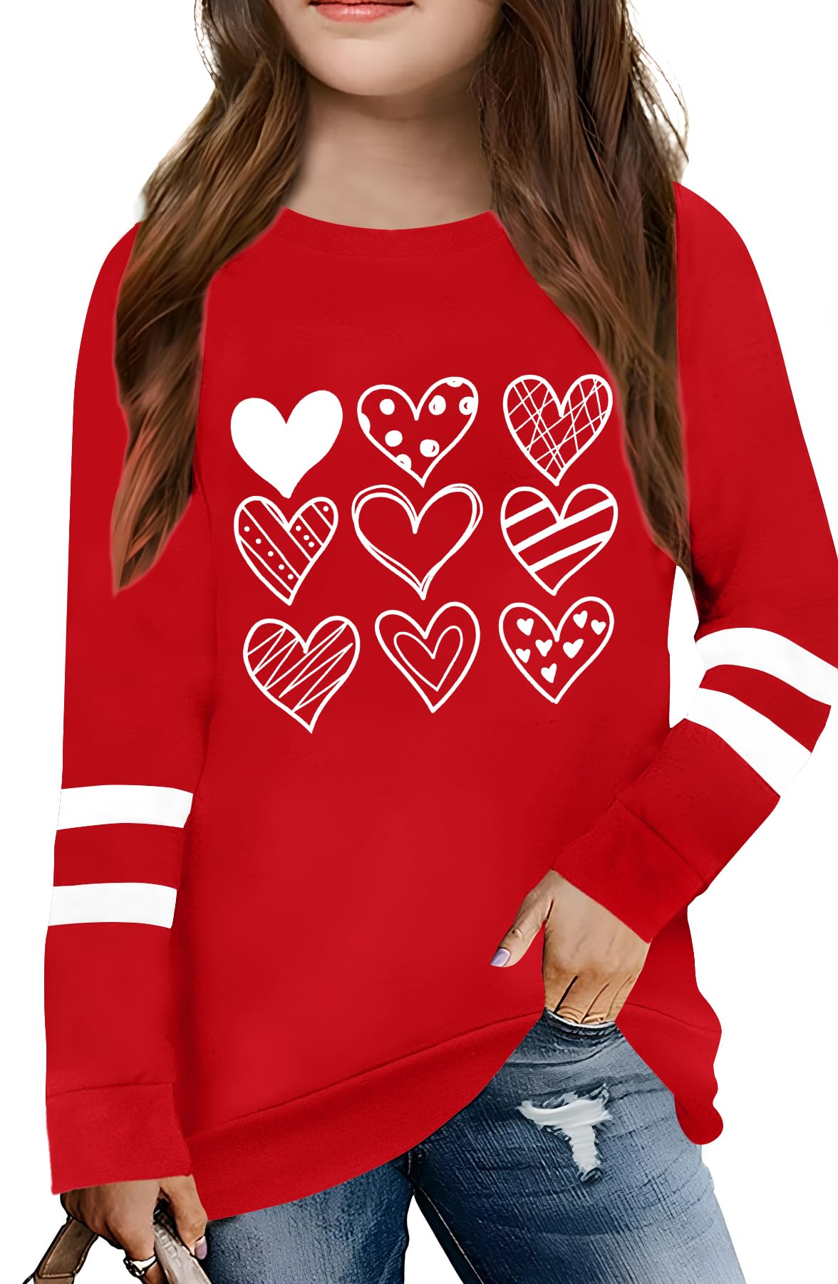 LAZYCHILD Kids Valentine Shirt Girls Valentines Day Shirts Heart Graphic Long Sleeve Striped Tee Tops 5-14 Years