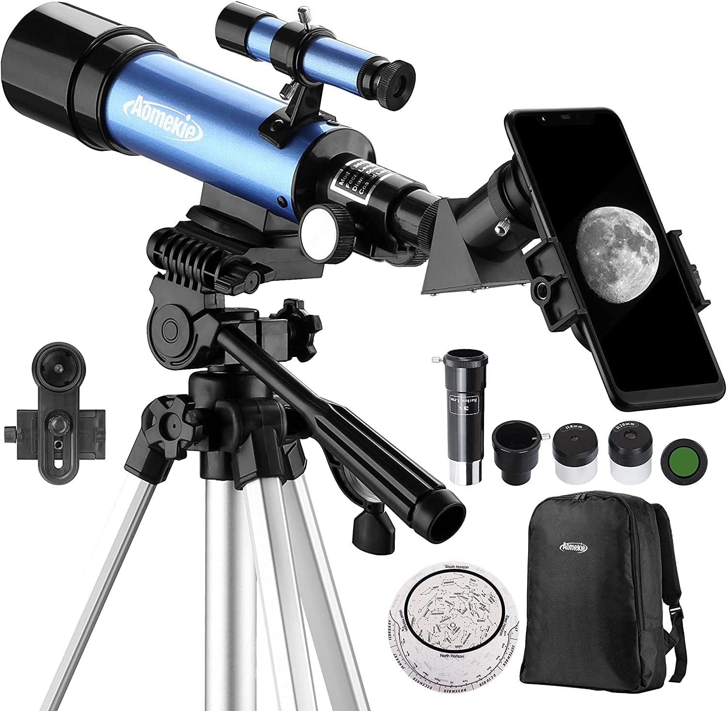 Aomekie Kids Telescopes for Astronomy Portable Astronomical Telescope with 10X Phone Adapter Backpack Adjustable Tripod Moon Filter and 3X Barlow Lens F36050mm