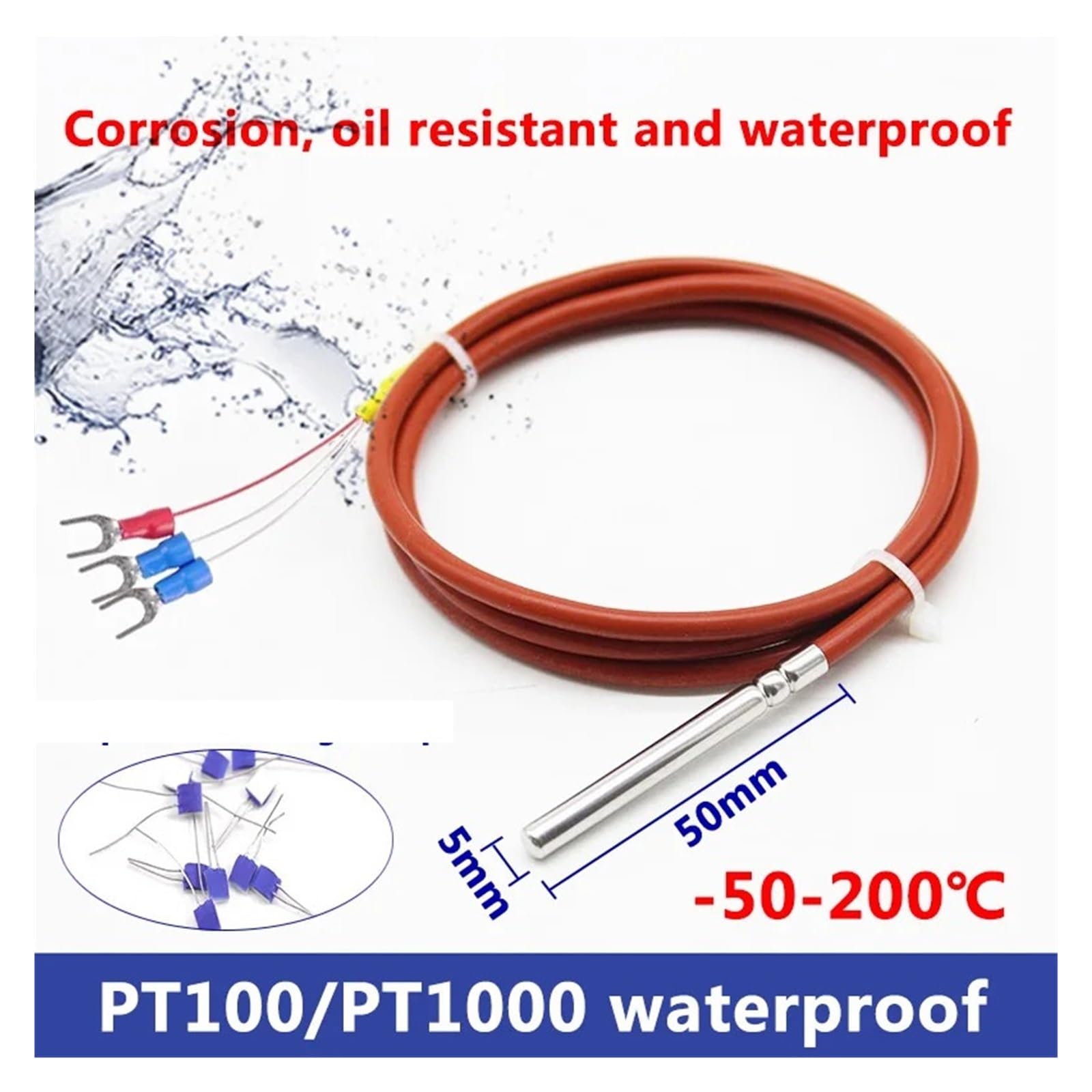Sensor de temperatura a prueba de agua PT100 PT1000, sonda RTD, Detector de resistencia de platino, Cable de silicona de 3 hilos | PT100 Type with 8m