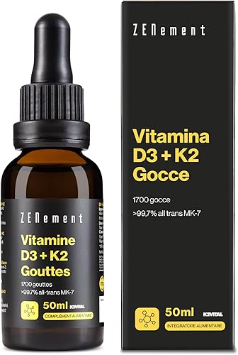 Vitamina D3 + K2 Gocce – Ingredienti Premium K2VITAL® MK-7 All-Trans 99,7% e Vitamina D3 Naturale da Lanolina – per le Ossa e il Sistema Immunitario – 1700 Gocce (50 ml) – Zenement Generico - integratore