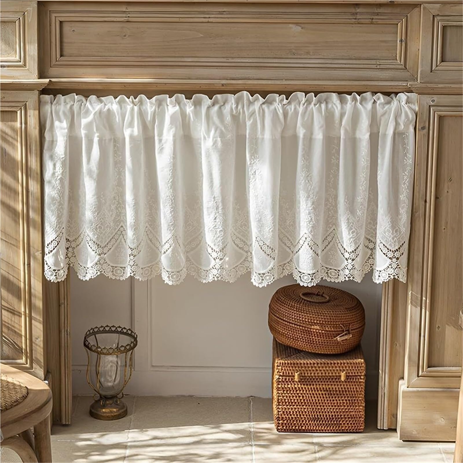 Tende Corte Tenda in cotone stile fattoria, elegante tendaggio for finestre in pizzo floreale, bianca corta for libreria da cucina e camera da letto(W200xH110cm)