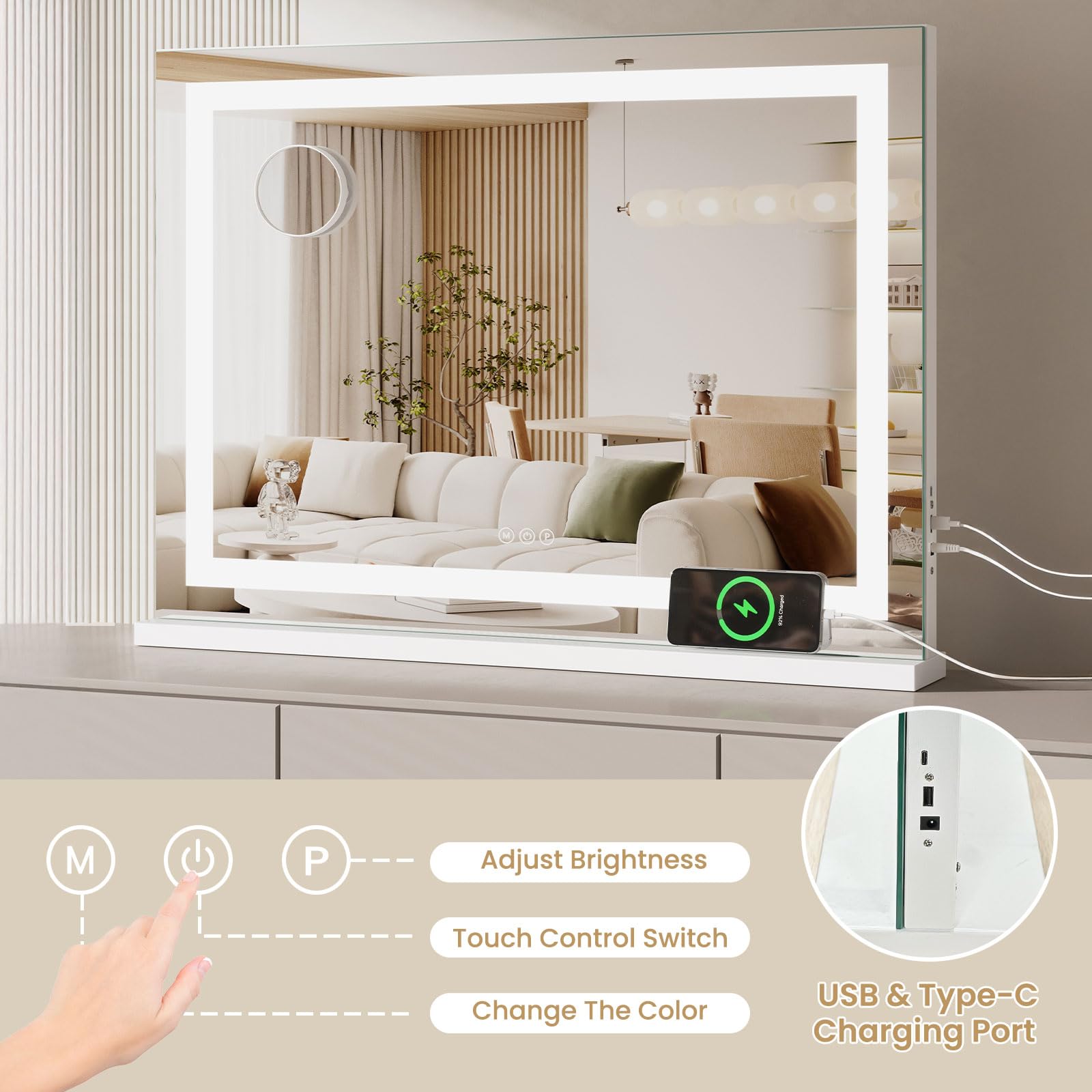 Dripex Specchio da Trucco Illuminato a LED, 80x58 cm (L x H), Controllo Tattile, 3 Modalità di Colore della Luce, Luminosità Regolabile, Include Specchio d'Ingrandimento, da Tavolo o da Parete, Bianco
