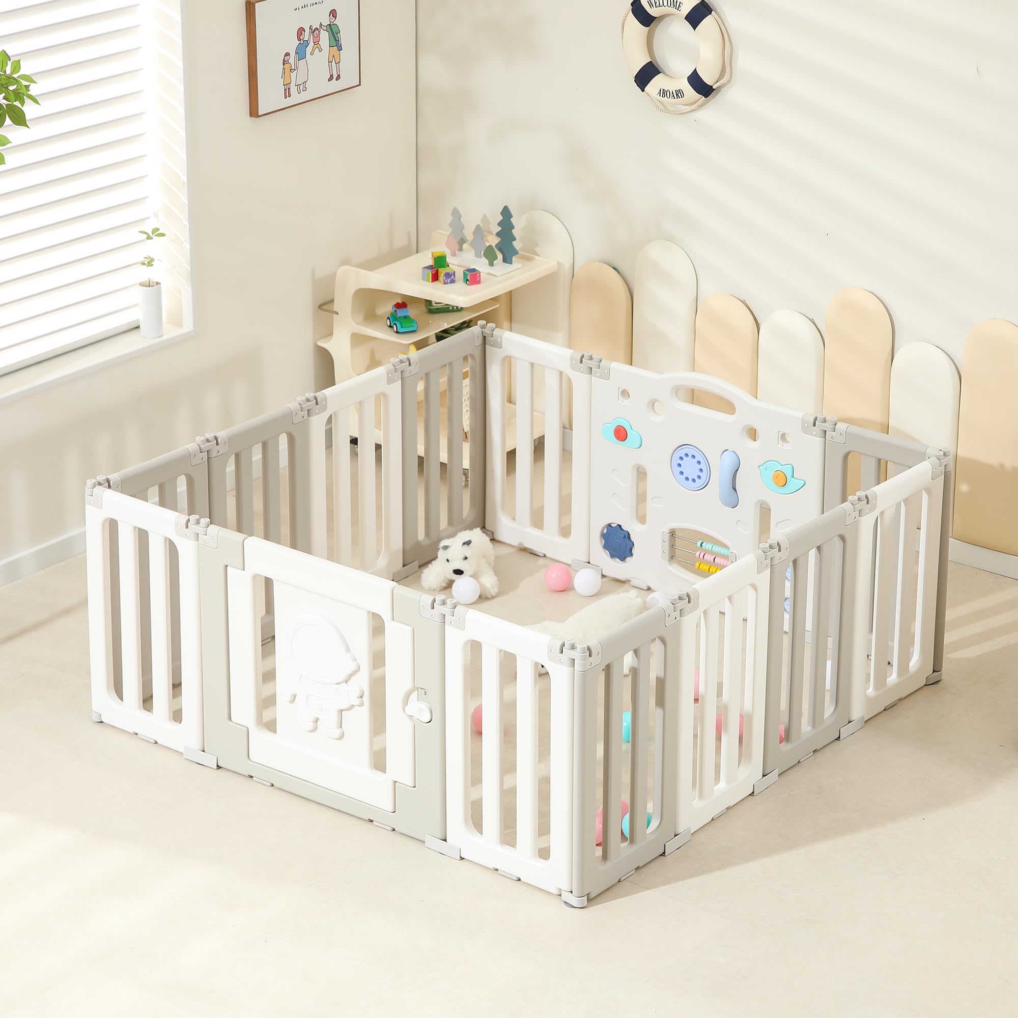 Baby Play Pen, 14 Panels Extra Large Baby Playpen, Foldable Astronauts Play Pens for Babies and Toddlers, Adjustable Baby Play Yard, Portable Baby Fence, Baby Gate Playpen Sea Theme not - Grey