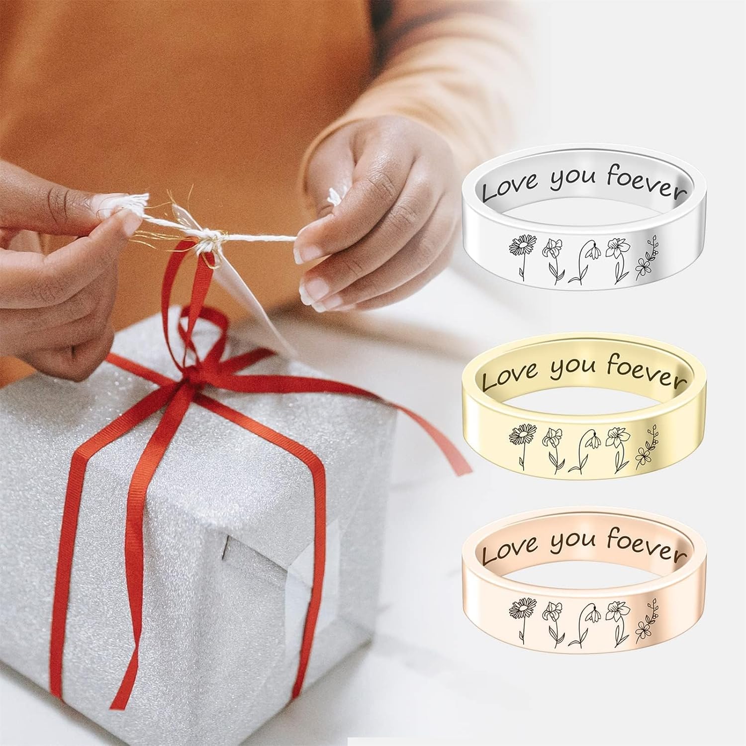 BAUMA AUTO Personalized Birth Month Flower Ring Custom Birth Flower Signet Ring Floral Bouquet Ring for Women Mom Daughter on Birthday Christmas Mother's Day