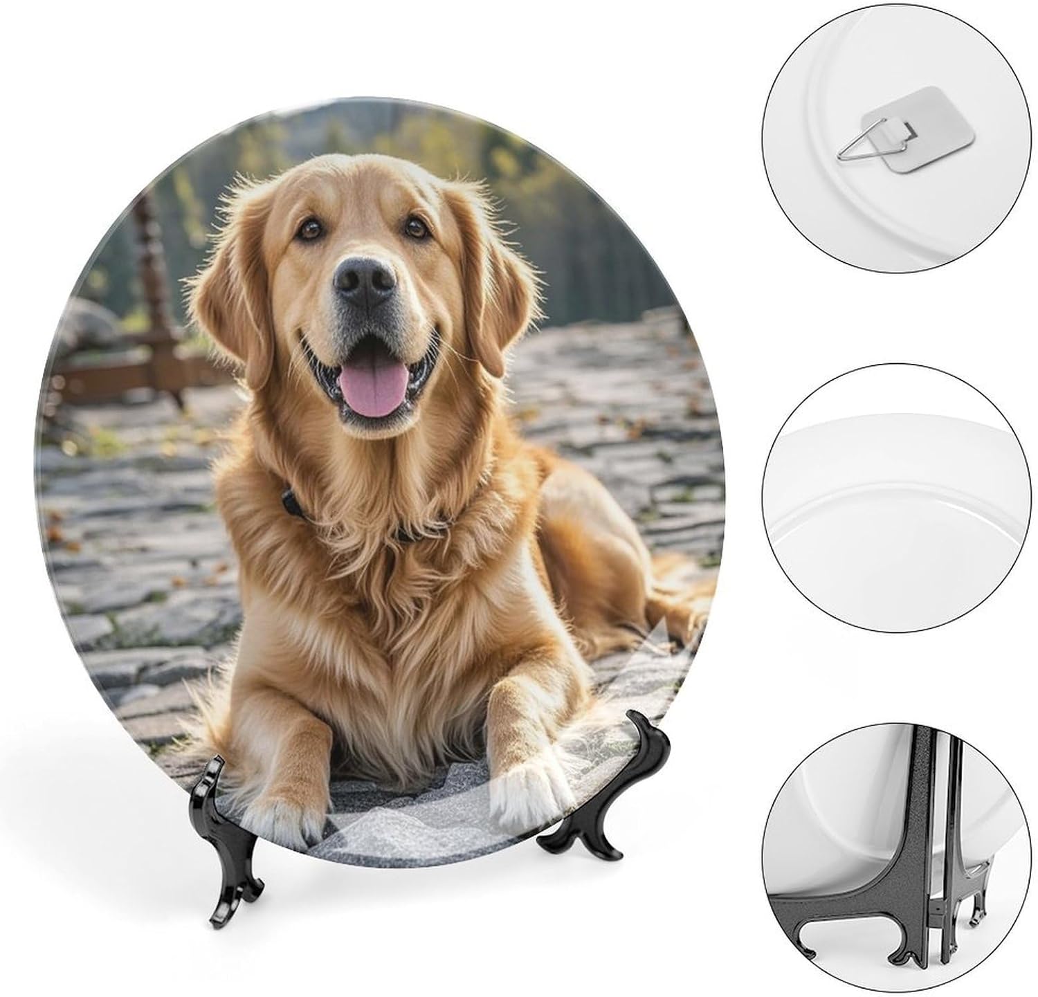 Golden Retriever Dog Bone China Decorative Plate with Display Stand, Ceramic Ornaments Plate for Wall Hanging, Personalized Porcelain Plates for Office, Living Room 8inch