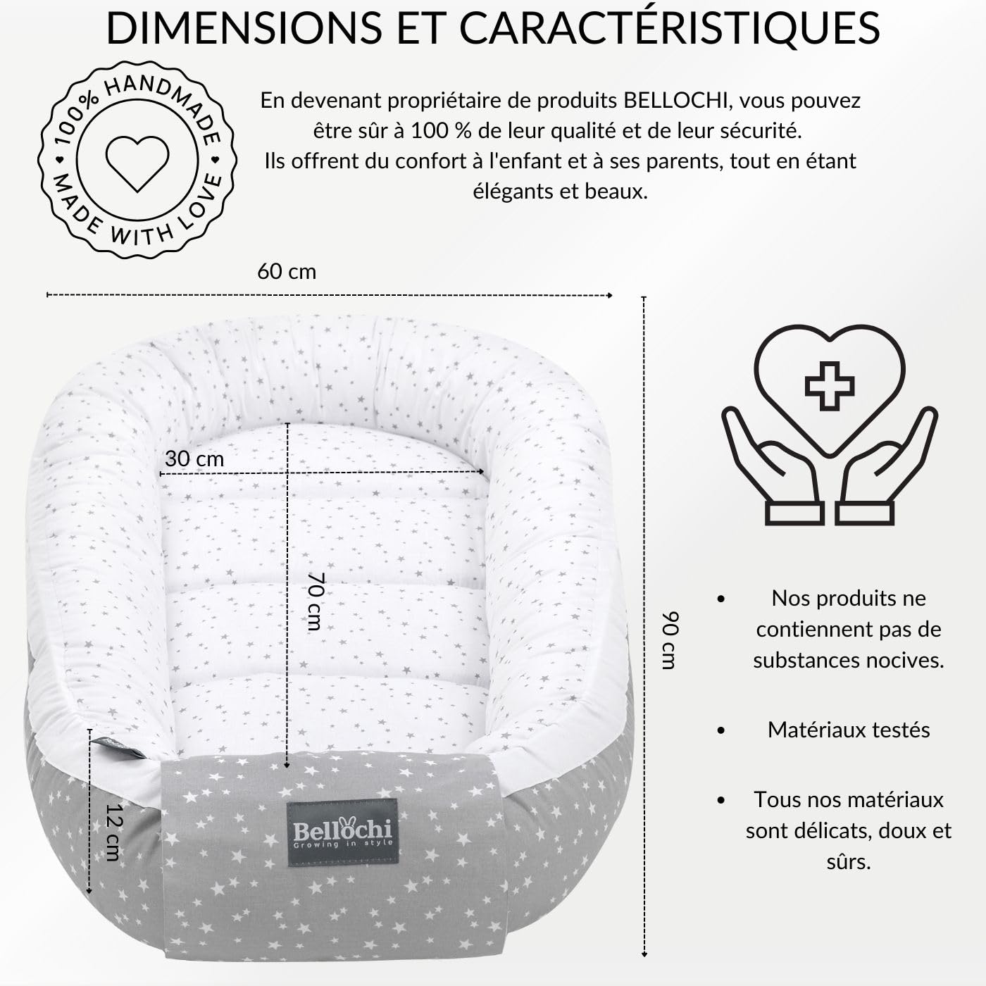 Bellochi Reducteur de Lit Bebe, Cale Bebe pour Lit, Cocon Bebe - 100% Coton, 0-12 Mois - Nid de Bebe, Baby Nest - 90 x 60 cm - Polaris