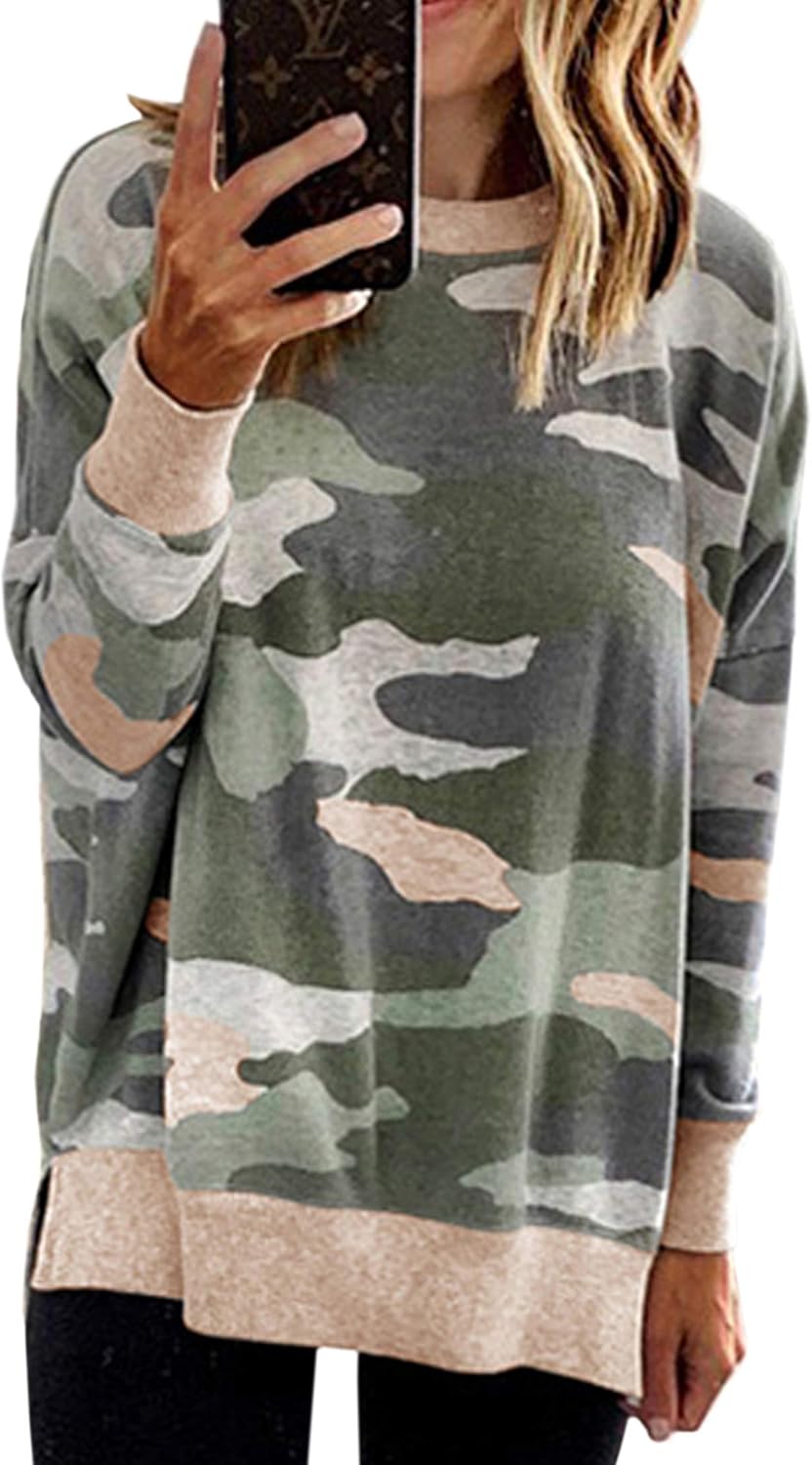ECOWISH Women Side Split Sweatshirt: Fall Crewneck Long Sleeve Oversized Camo Shirts Casual Camouflage Print Pullover Tops