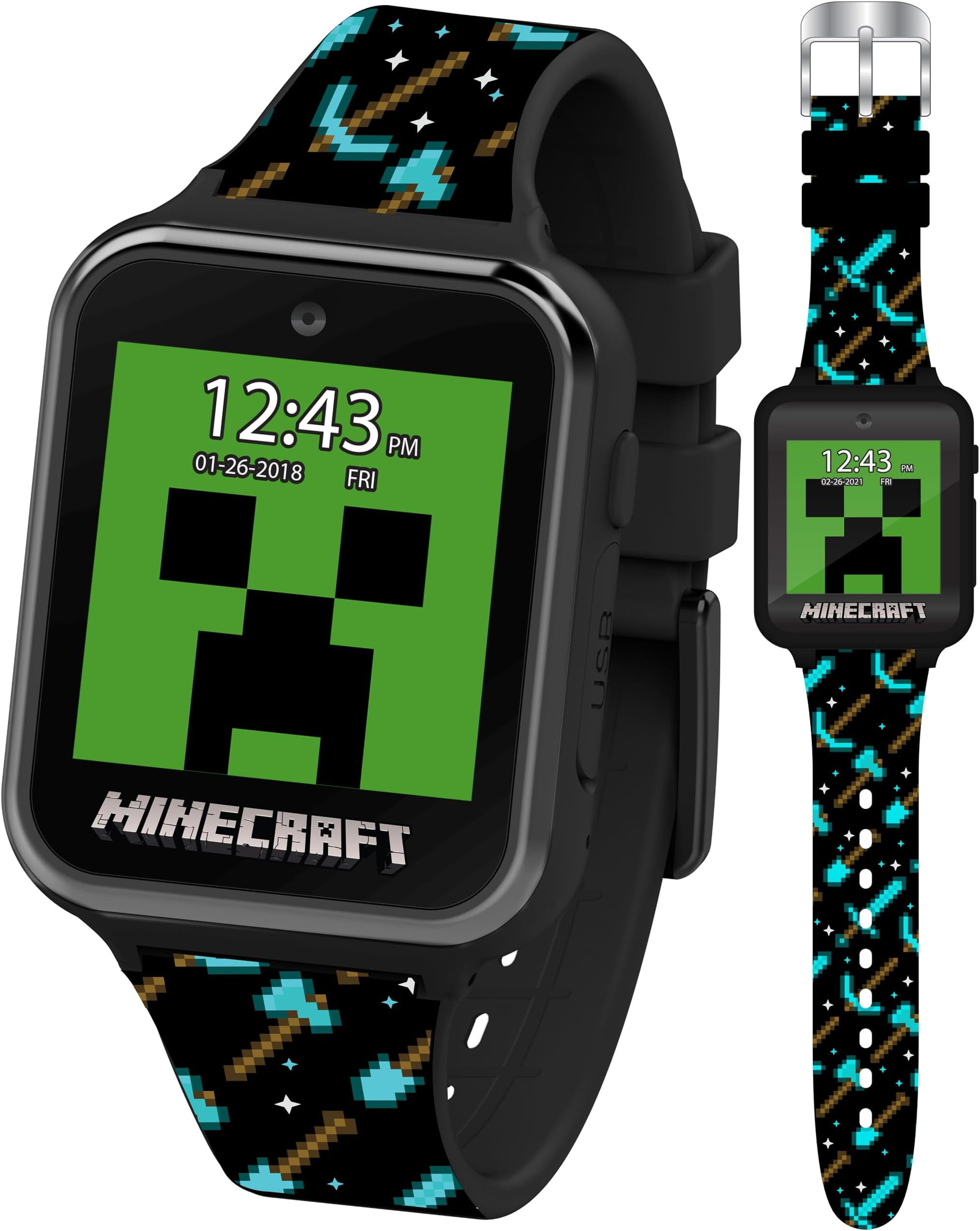 Minecraft Kids Smart Watch - Interactive Touchscreen with Games, Camera, Step Counter, Alarm, Timer, Voice Recorder, and Cool Minecraft Silicone Strap - Fits Wrists 5.5" to 8.0"