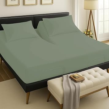 RECCI Luxury Split Head King Size 4 Piece 100% Egyptian Cotton 1000 Thread Count Split Top Sheets for Sleep Number Bed Flex Head King 34" Top Split Sheets to fit Upto 18" Deep Mattress - Sage Solid