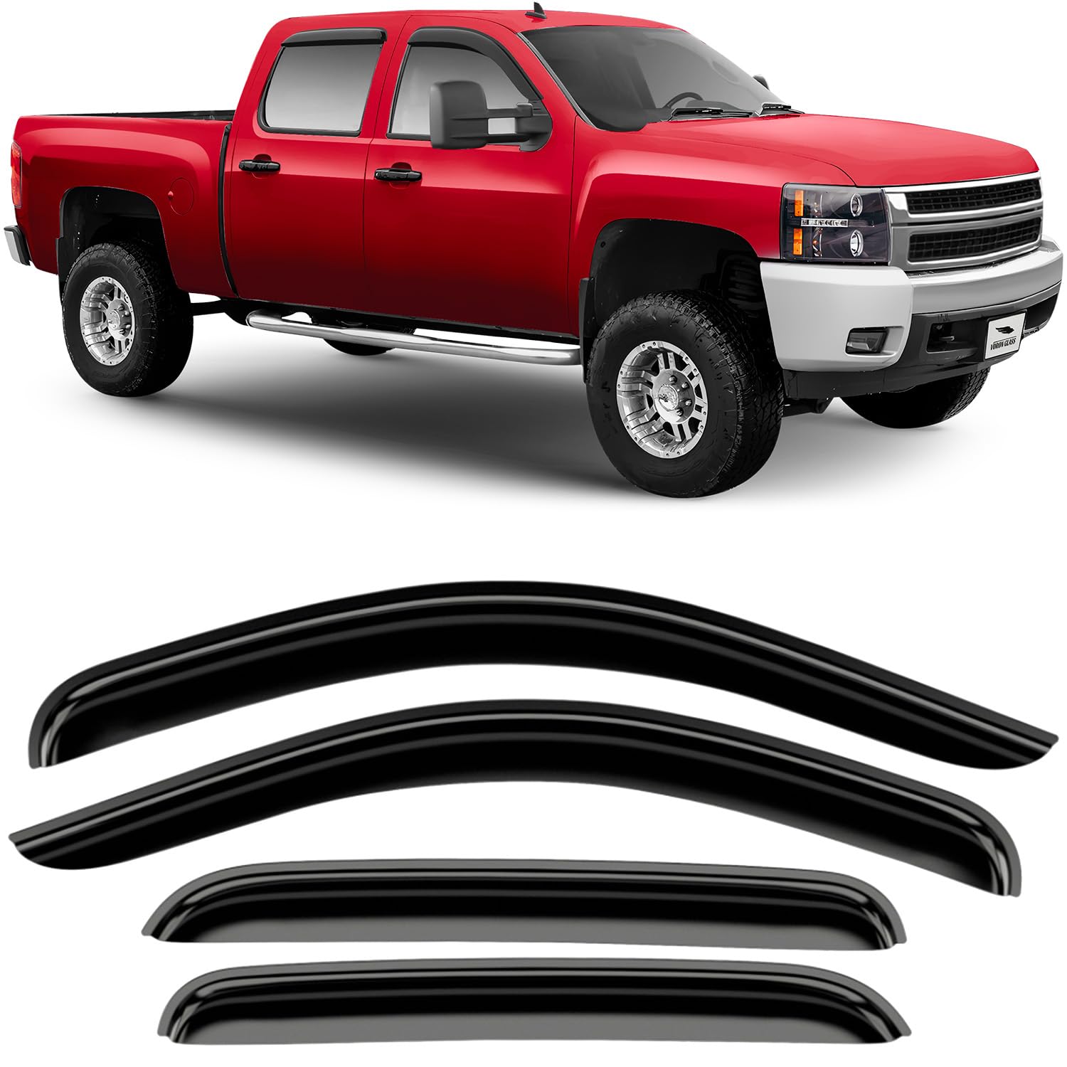 Voron Glass Tape-on Extra Durable Rain Guards for Trucks Chevrolet (Chevy) Silverado/GMC Sierra 2007-2013 Crew Cab, Window Deflectors, Vent Window Visors, 4 Pieces - 120003