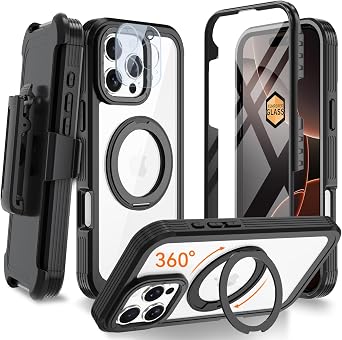 Upgraded 360 Spin Magnetic Invisible Ring Stand Case for iPhone 16 Pro Max 6.9",Compatible with MagSafe, Full Body Rugged Case with Built-in Screen Protector & Kickstand & Belt-Clip Black