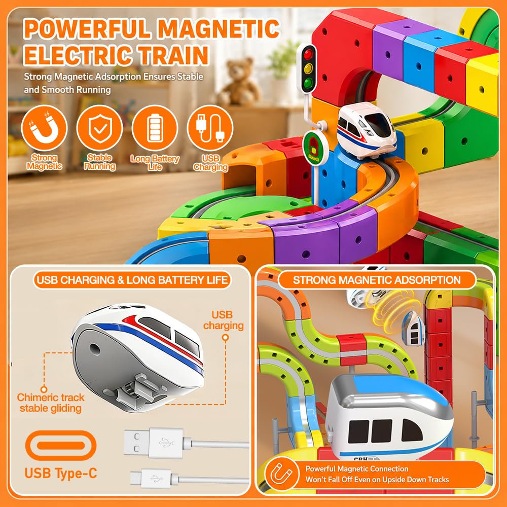 Tren Juguete, 81 Pezzi DIY Cube Track, Tren Magico de Cubos con Trenes Electricos, Pista Coches Flexible con Tracciati 3D Che Sfidano la Gravità, Blocchi Magnetici