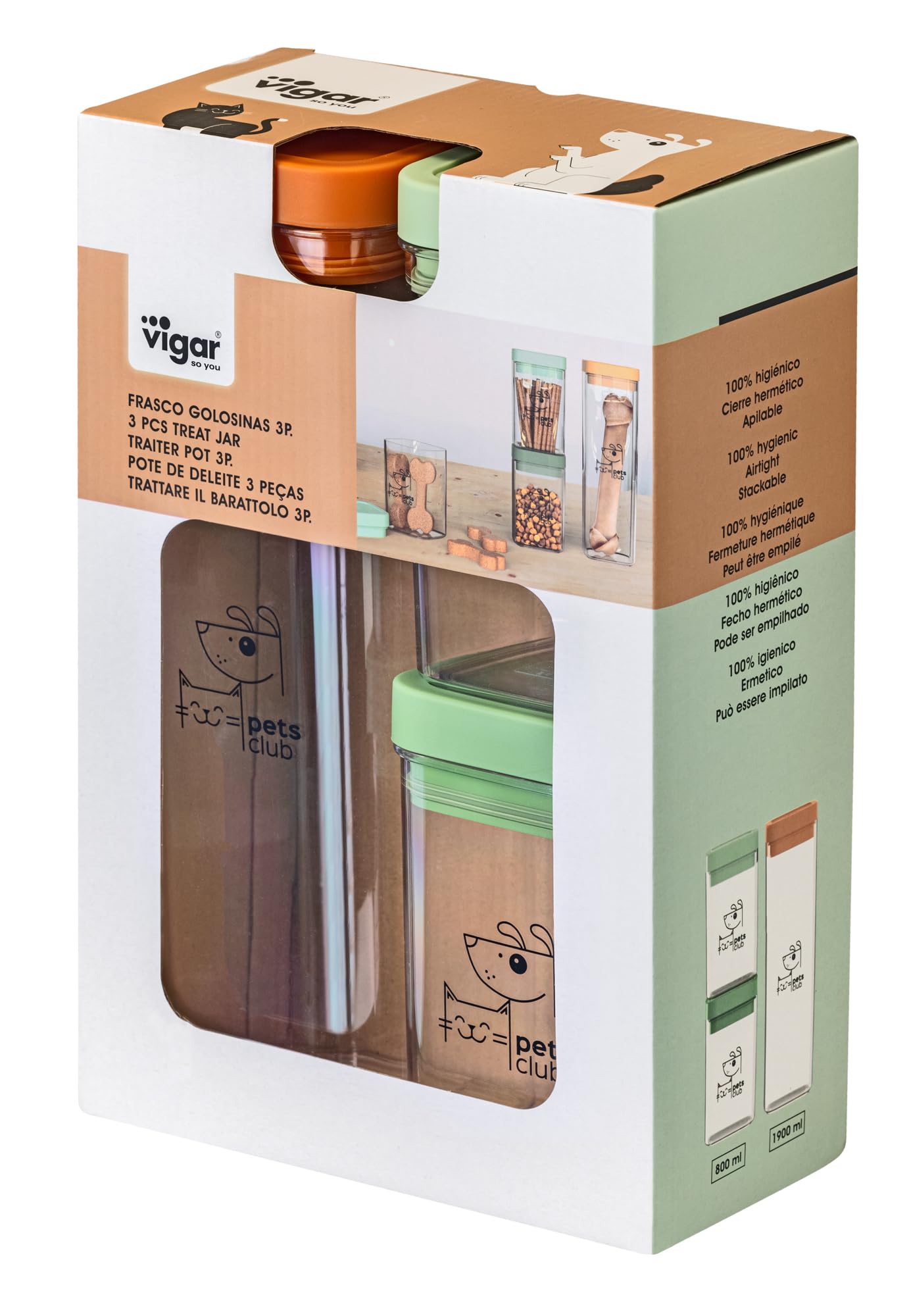 VIGAR - Conteneur pour Snacks - Pack 3 Unités - Collection Pets Club - 250 et 500 ML - Pot en Plastique sans BPA - Couvercle Hermétique - en Orange et Vert