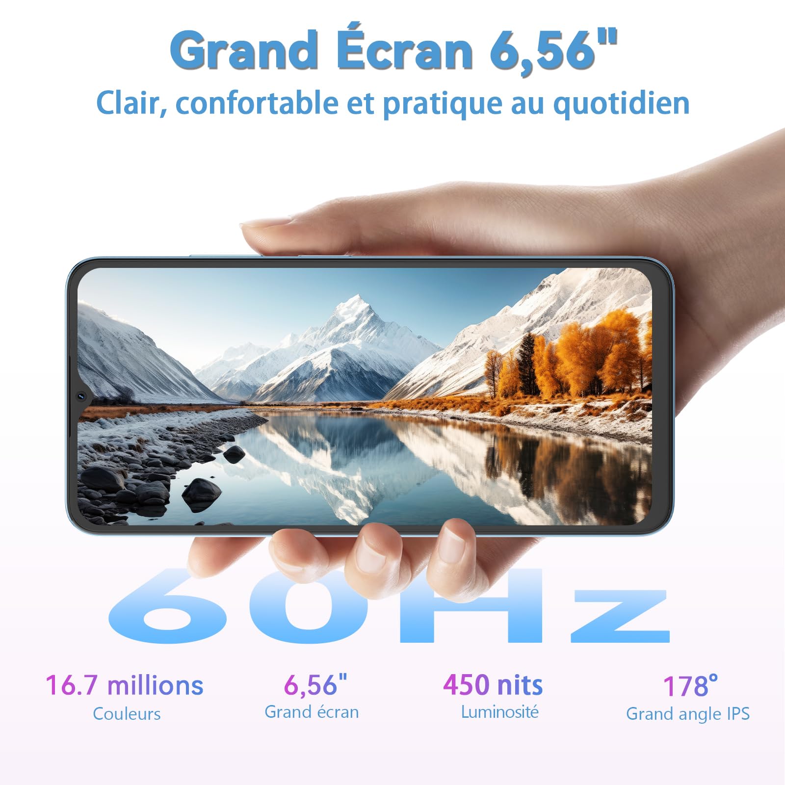 Telephone Portable Android, 6Go+64Go/TF 2To, Octa Core, Écran 6.56" HD+, Batterie 5000mAh Smartphone, 13MP+8MP, Smartphone Pas Cher 4G Dual SIM, Face ID/GPS/3Ans De Garantie - Bleu