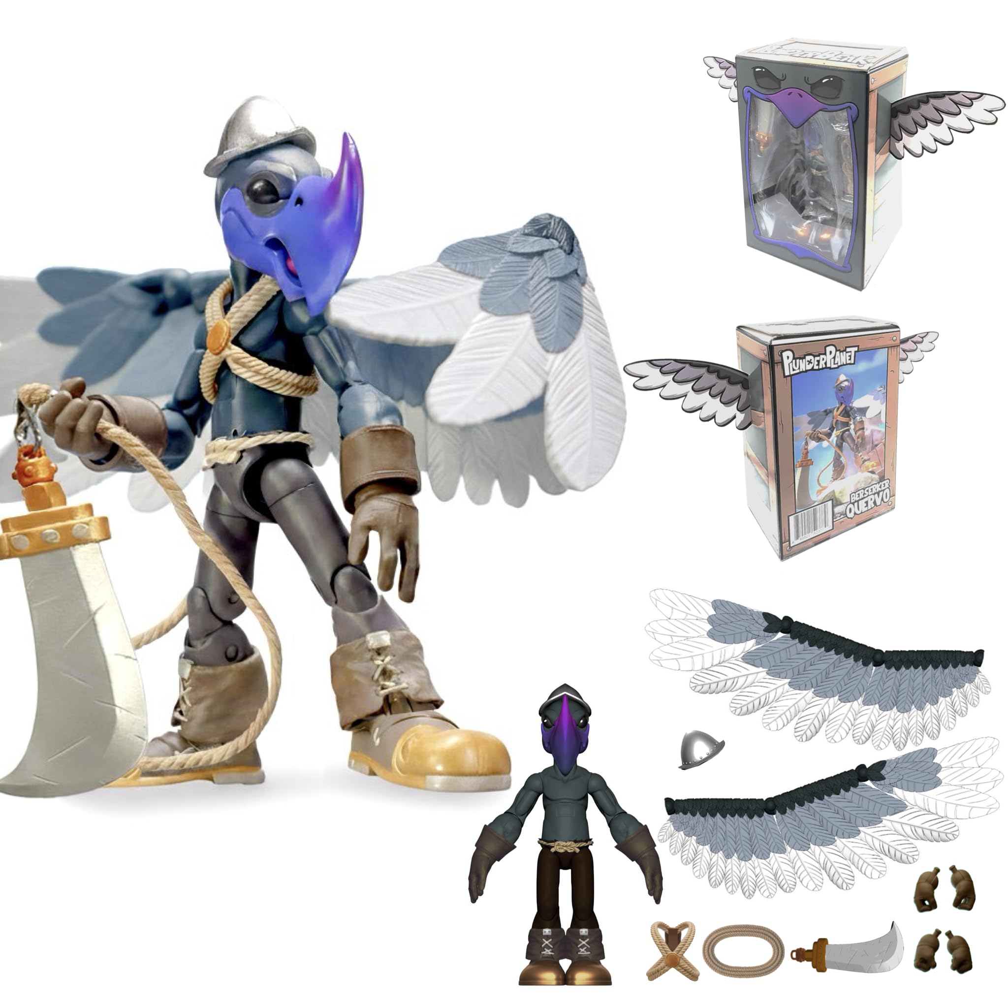 Plunderbeak Berserker Quervo 1:12 Scale Action Figure, Avian Berserker Character, 25+ POA, Reversible Modular Wings, Magnetic Morion Helmet, Hook Blade, Rope, Bandolier, Beak Tongue Toe Articulation
