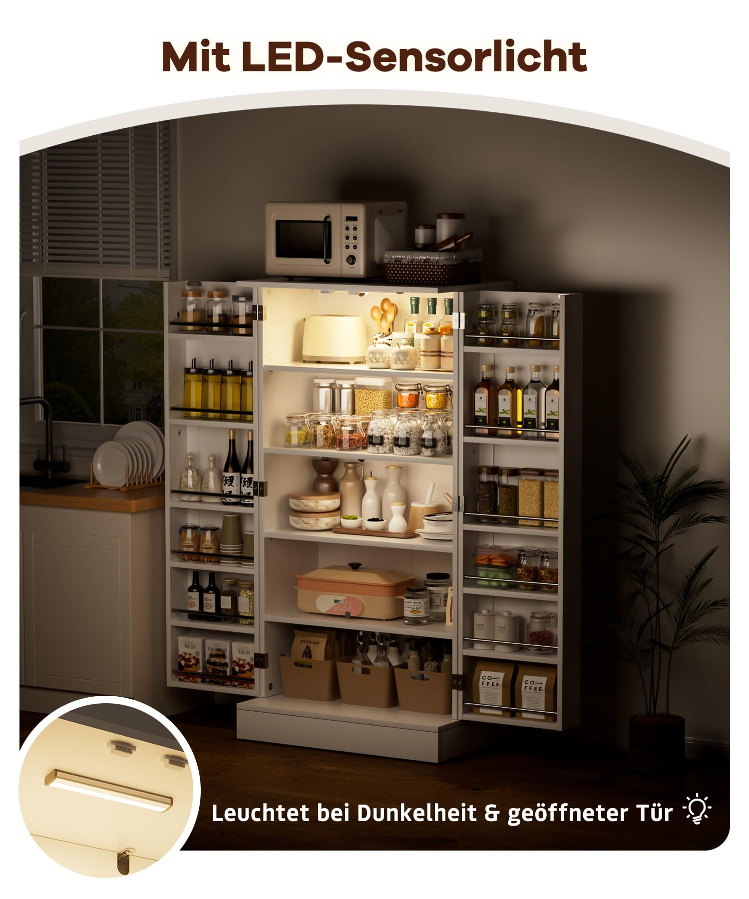 Yorbay 118 cm Küchenschrank mit LED-Sensorleuchte: Doppeltüriger Vorratsschrank mit 3 Verstellbaren Regalbrettern - Mehrzweckschrank mit Kippschutz für Küche Esszimmer Wohnzimmer (Weiß)