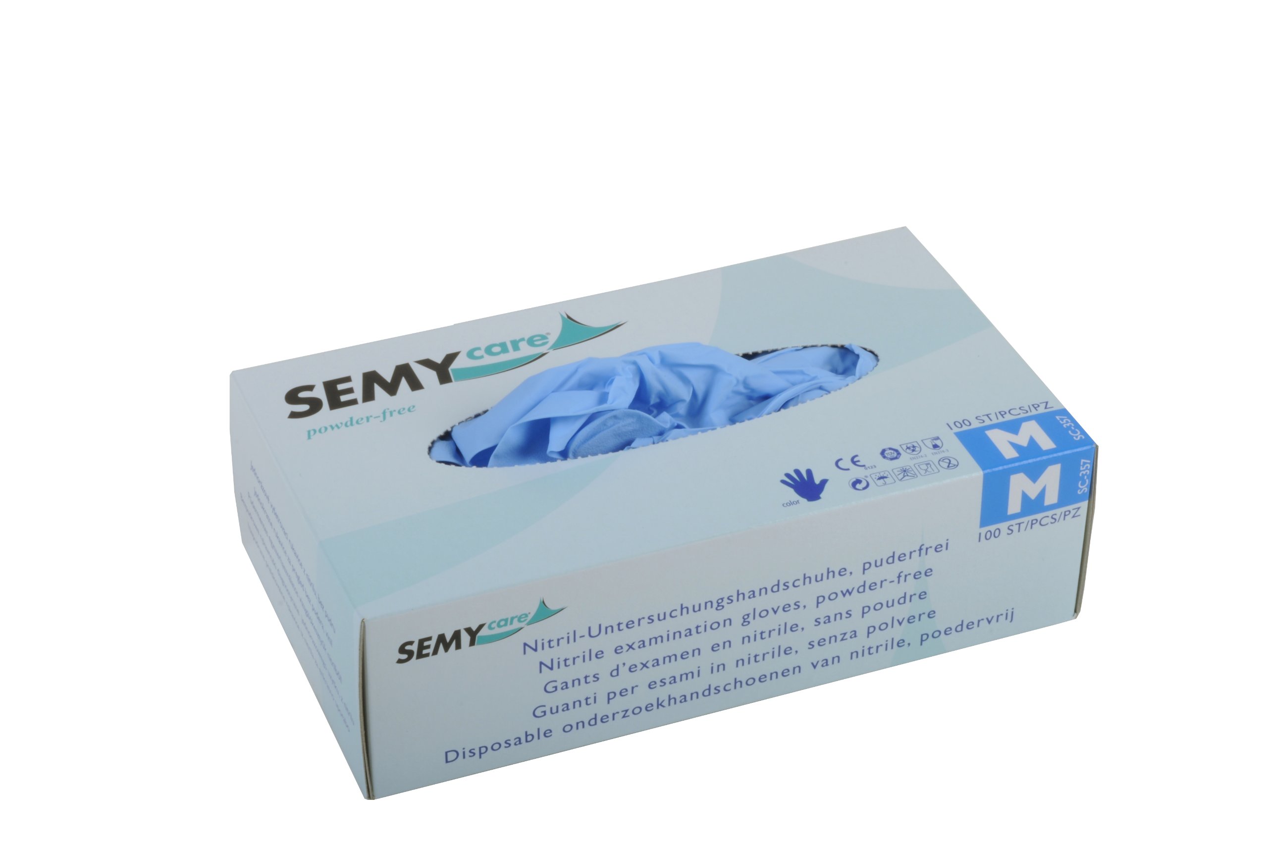 Semy Care - Guantes de nitrilo sin polvo (talla M, AQL 1,5, 10 paquetes de 100 guantes), color azul