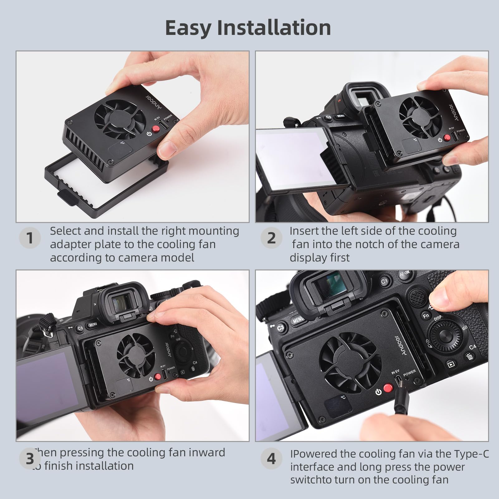 Andoer FS-04A Kamera-Lüfter, externes Kühlsystem mit Temperatureinstellung, OLED-Display, 4 Stück Montageadapterplatten für Sony A7M4/ZVE1/A6700/A7C2/A7S3, für Canon R5/R6/R7, für Fujifilm XT4-Kameras