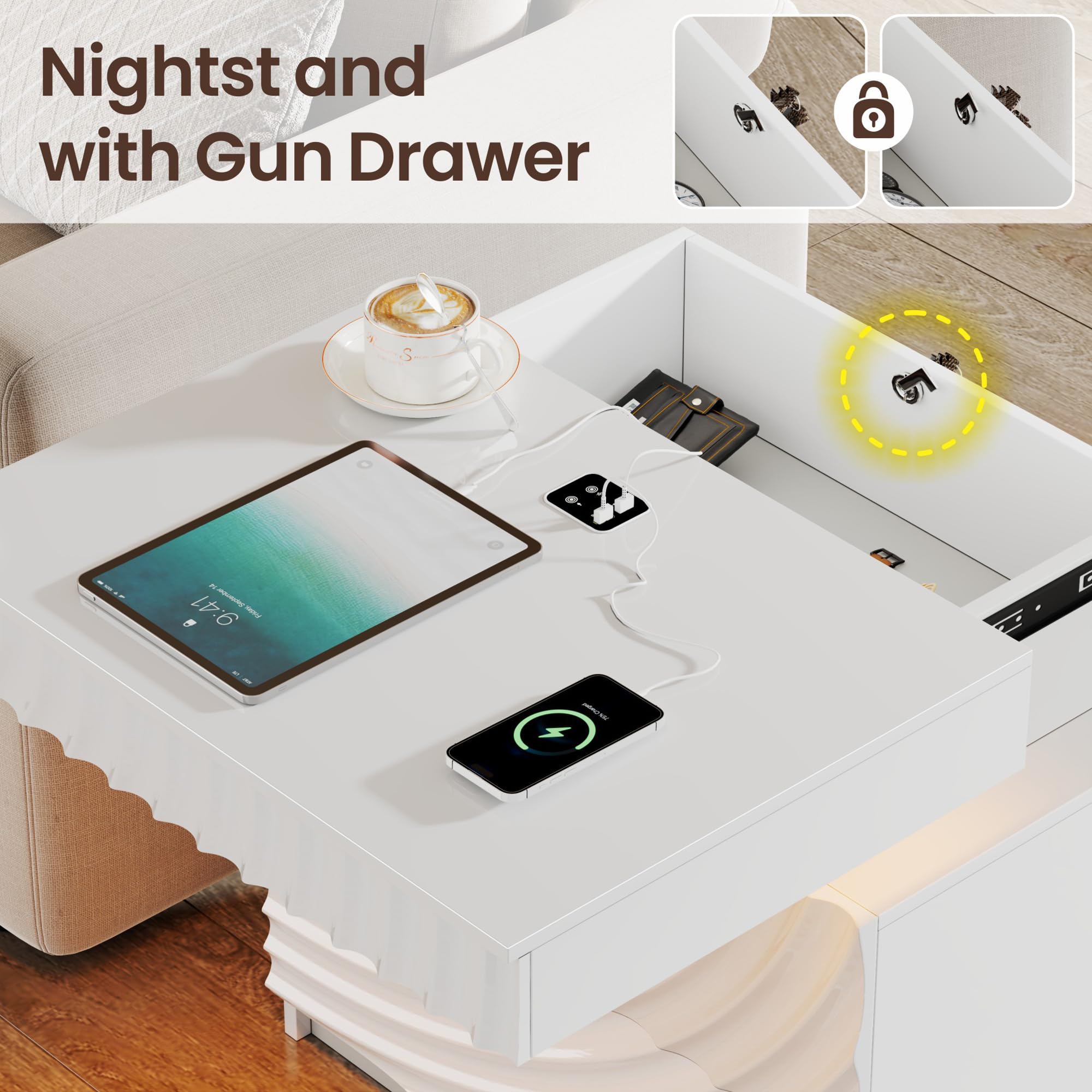 FREDEES Comodino con funzione di ricarica e illuminazione a LED | 3 cassetti, sensore di movimento, USB e tipo C, spazio nascosto per camera da letto, bianco
