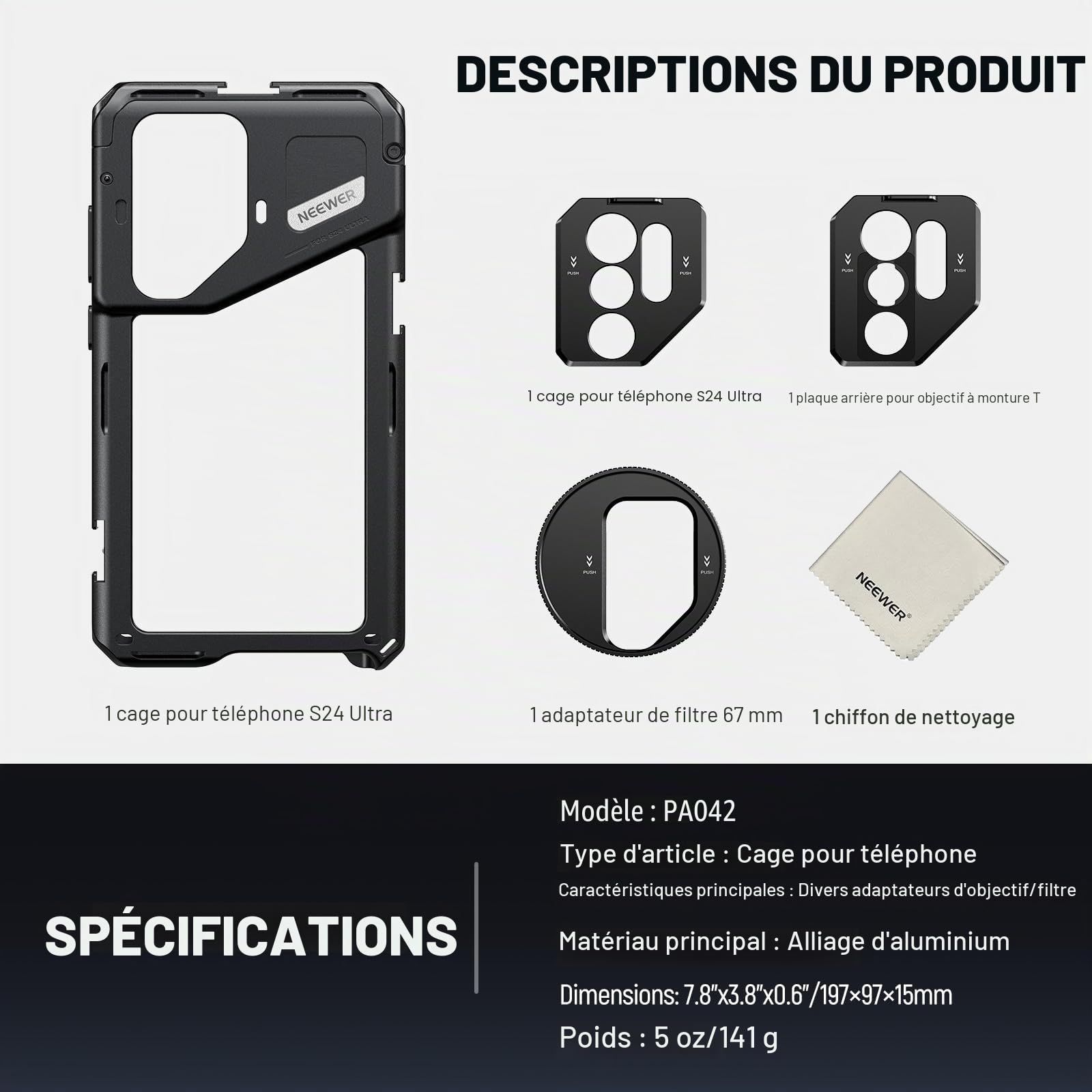 NEEWER S24 Ultra Cage pour Smartphone avec Adaptateur Filtre 67mm, Plaque arrière d'objectif 17mm, Adaptateur d'objectif à Monture T, Chiffon Nettoyage, stabilisateur vidéo pour Smartphone, PA042
