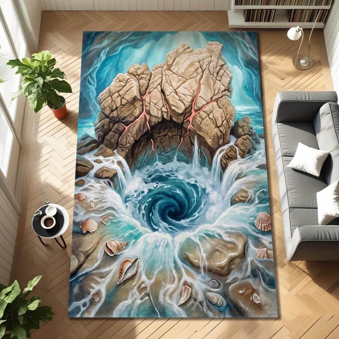 USHIRUG Coastal Area Rug, 180x230cm 3D Cartoon Beach, Seashell, Rock, and Vortex Design, Cool Living Room Carpet, Optical Illusion Ocean-Style Rugs, Non-Slip Washable Rugs for Entrances, Living Rooms