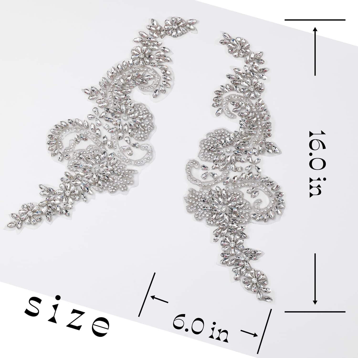 Pair Handmade Rhinestones Beaded Applique, Lace Embellishments Sewing Trim Crystal Patches Accessory for Wedding Dress Clothes,Evening Dresses,Bridal Gowns,Dance Costumes (White)