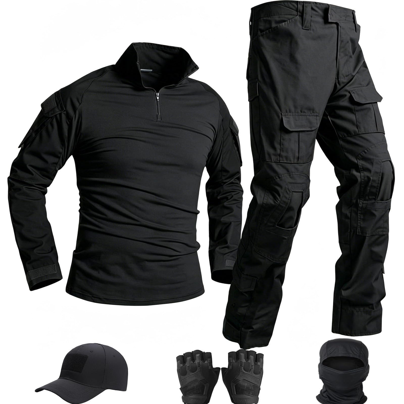 Tactical Uniform,Combat Long Sleeve Shirt Pants,Cap Gloves Balaclava Set,Airsoft Gear Military Clothes for Men A-bk Large