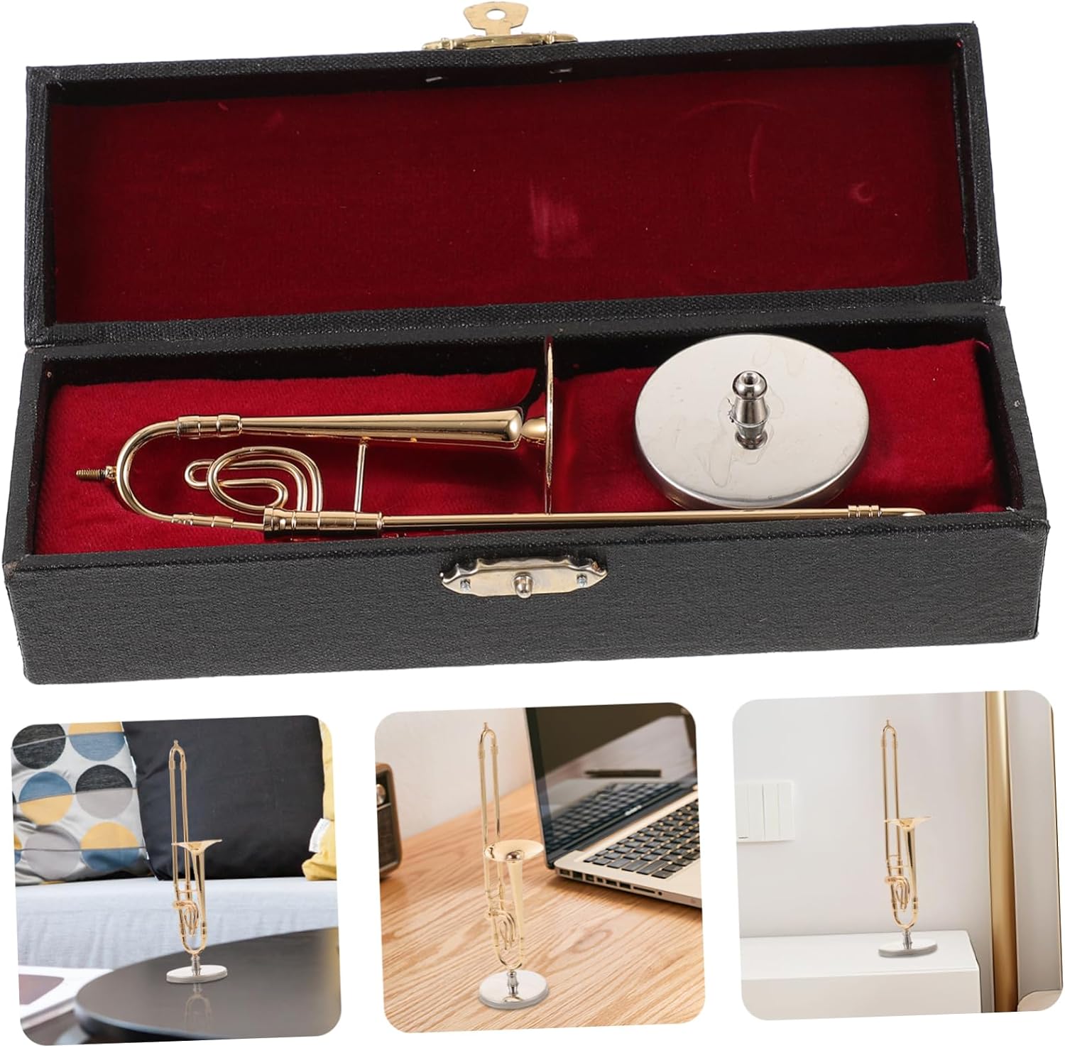 IMIKEYA 2pcs Delicate Realistic Trombone Model Copper Craft Desktop Ornament Stand Unique Musical Instrument Decor for for Musicians