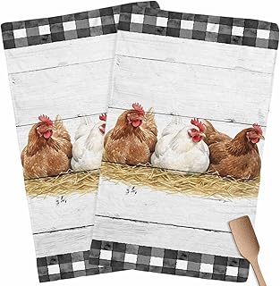 Kitchen Towels - 2 Packs Hens Straw on Retro Wood Grain Dish Towels, Classic Black White Checkered Quick Drying Dishcloth Tea Towels, Absorbent Soft Hand Towel,18x28in